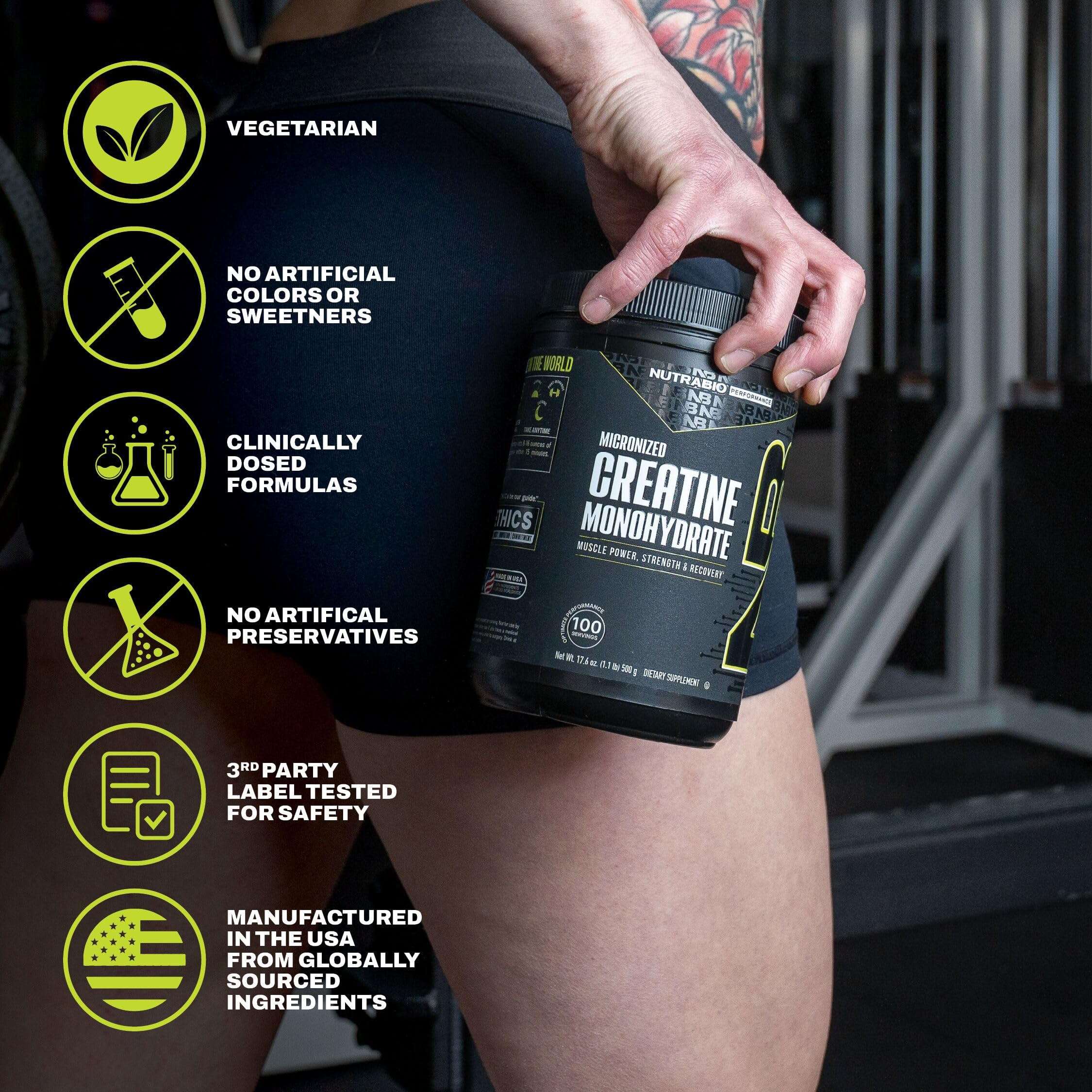 NutraBio Creatine Monohydrate 500g on a gym bench