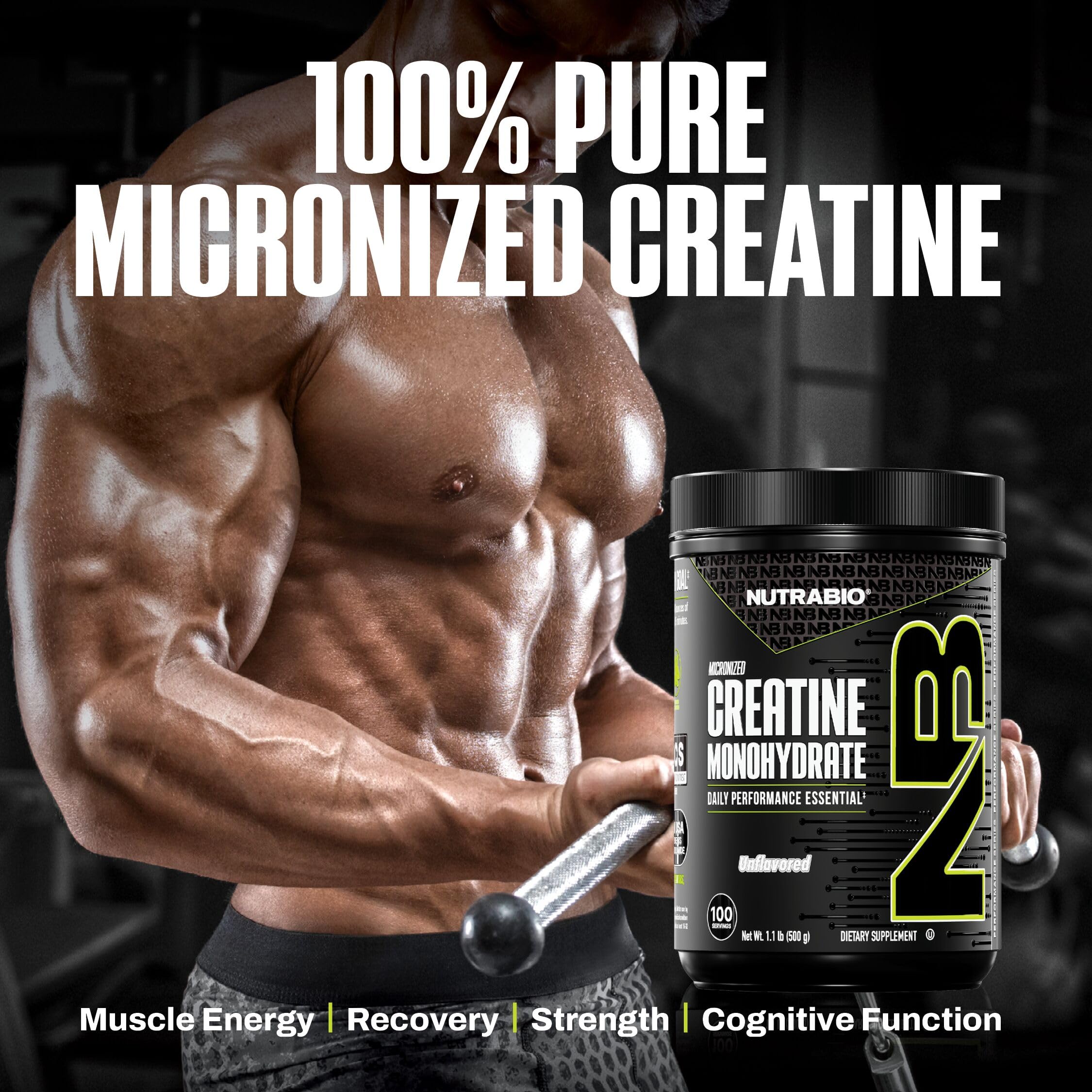 NutraBio Creatine Monohydrate 500g packaging with serving scoop