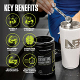 NutraBio Creatine Monohydrate 500g with a glass of water