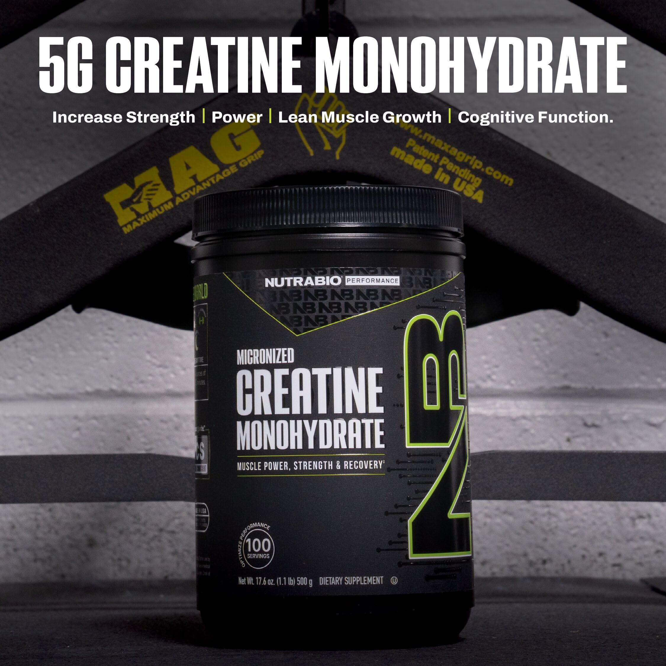 NutraBio Creatine Monohydrate 500g with fitness accessories