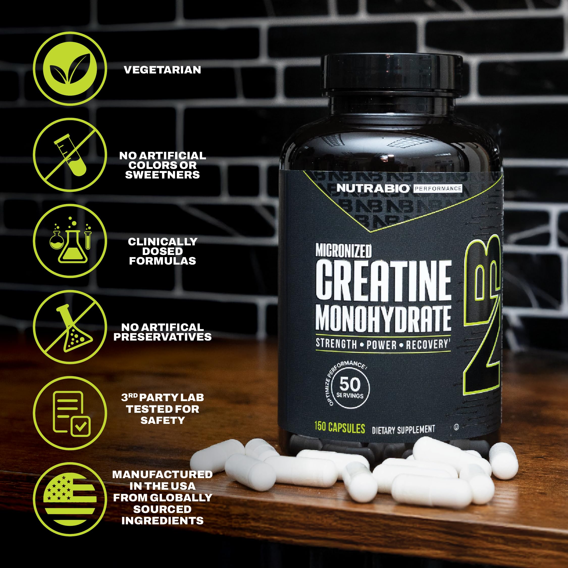 NutraBio Creatine Monohydrate Capsules lifestyle scene with fitness gear