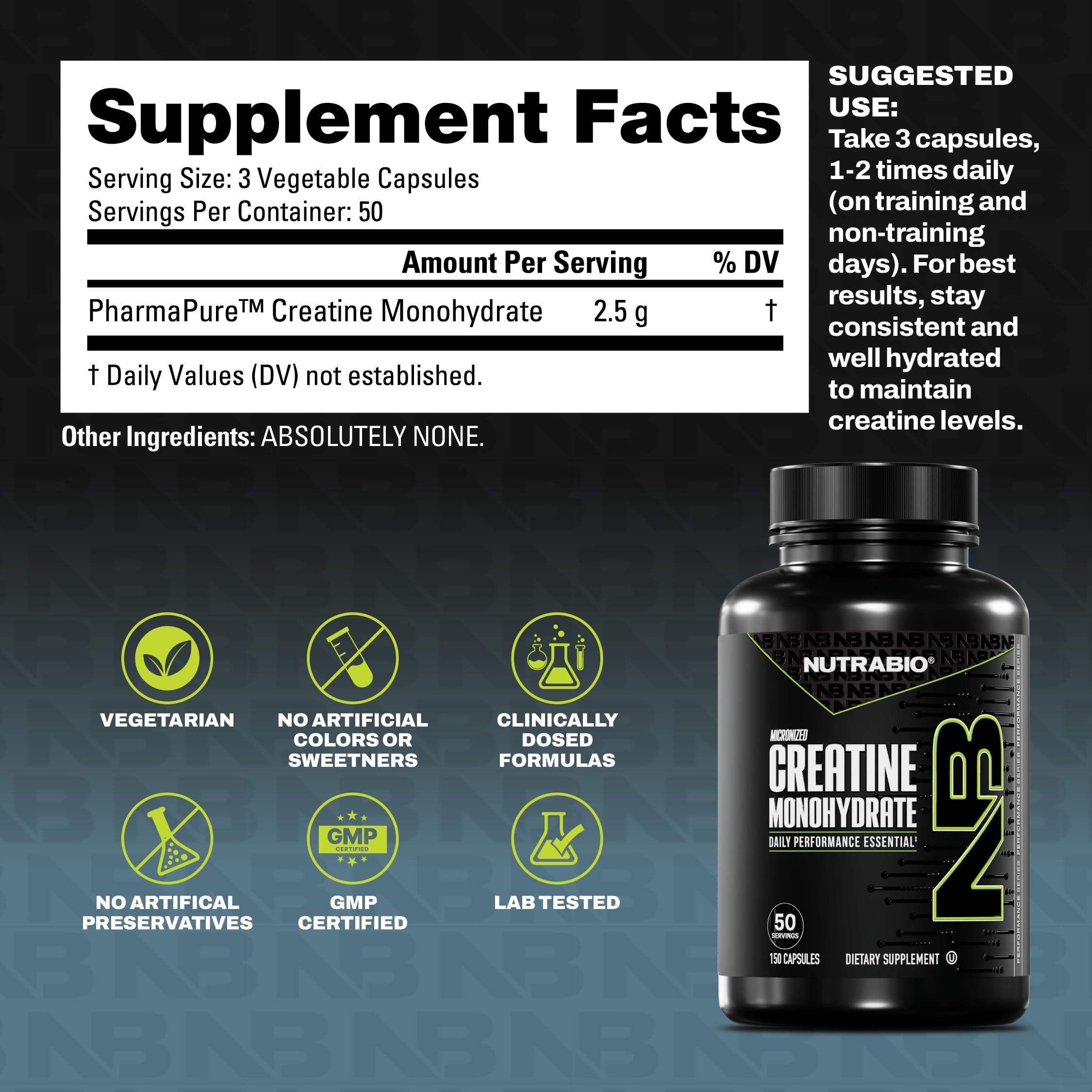 NutraBio Creatine Monohydrate Capsules side view showing dosage