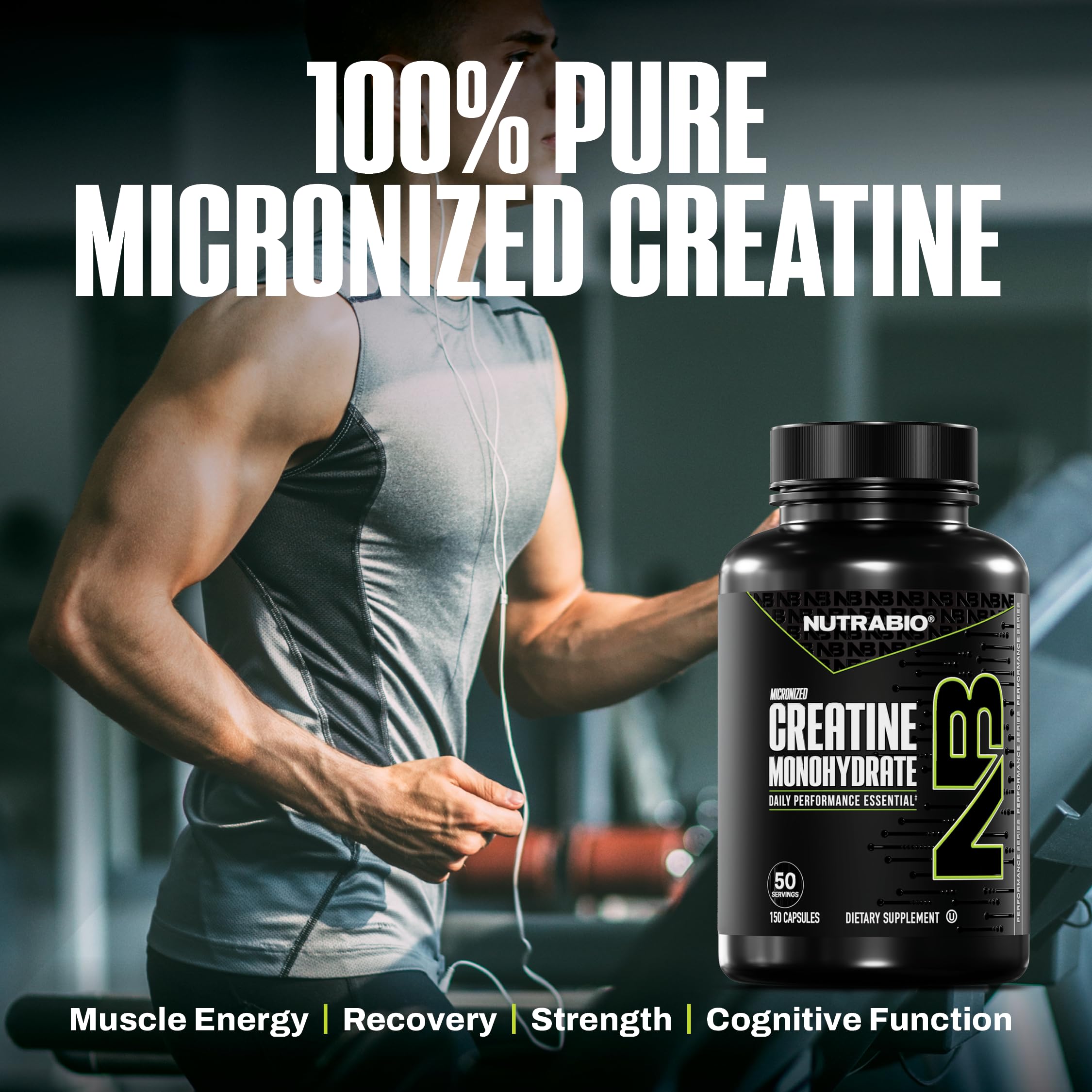 NutraBio Creatine Monohydrate Capsules with nutritional information
