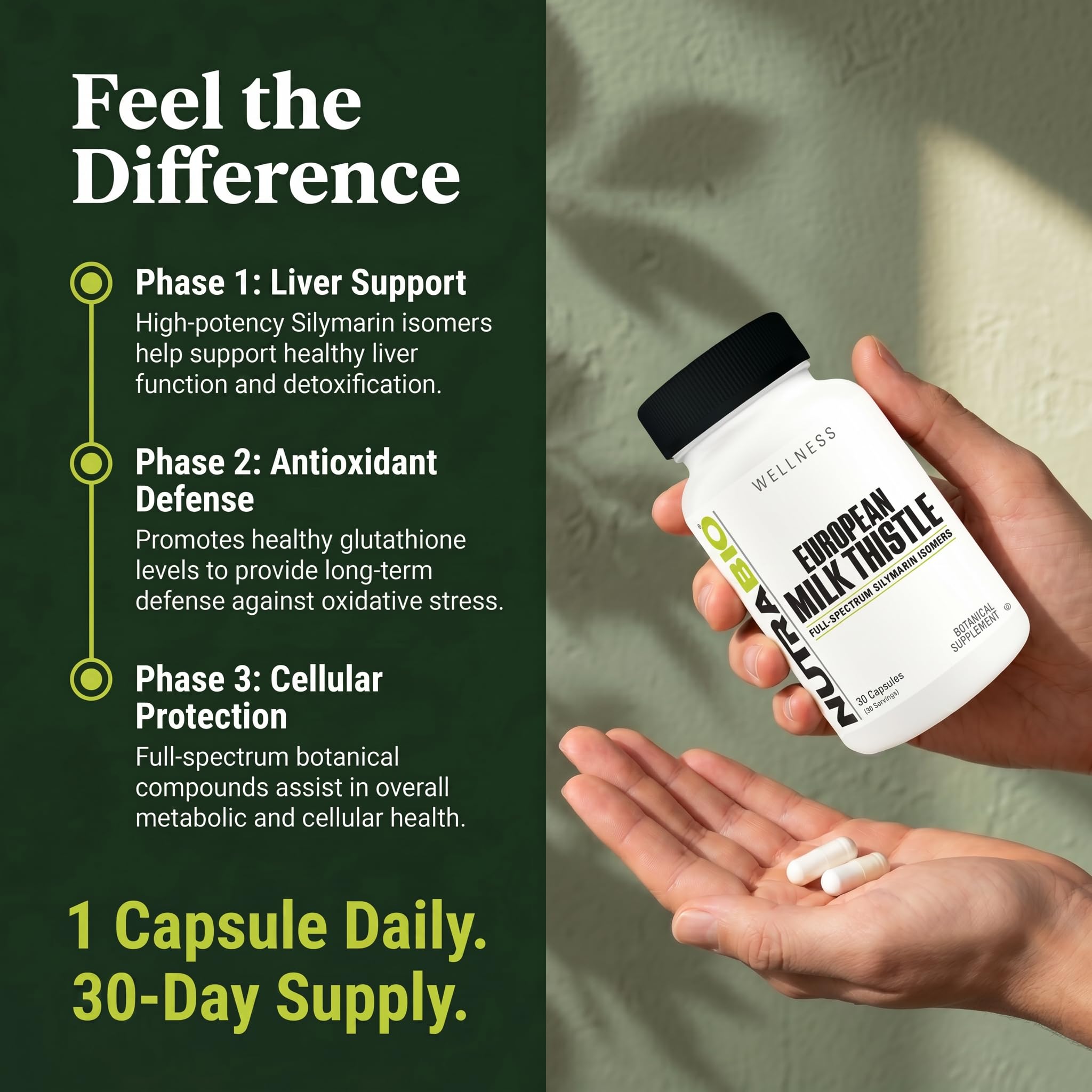 NutraBio European Milk Thistle supplement capsules in hand