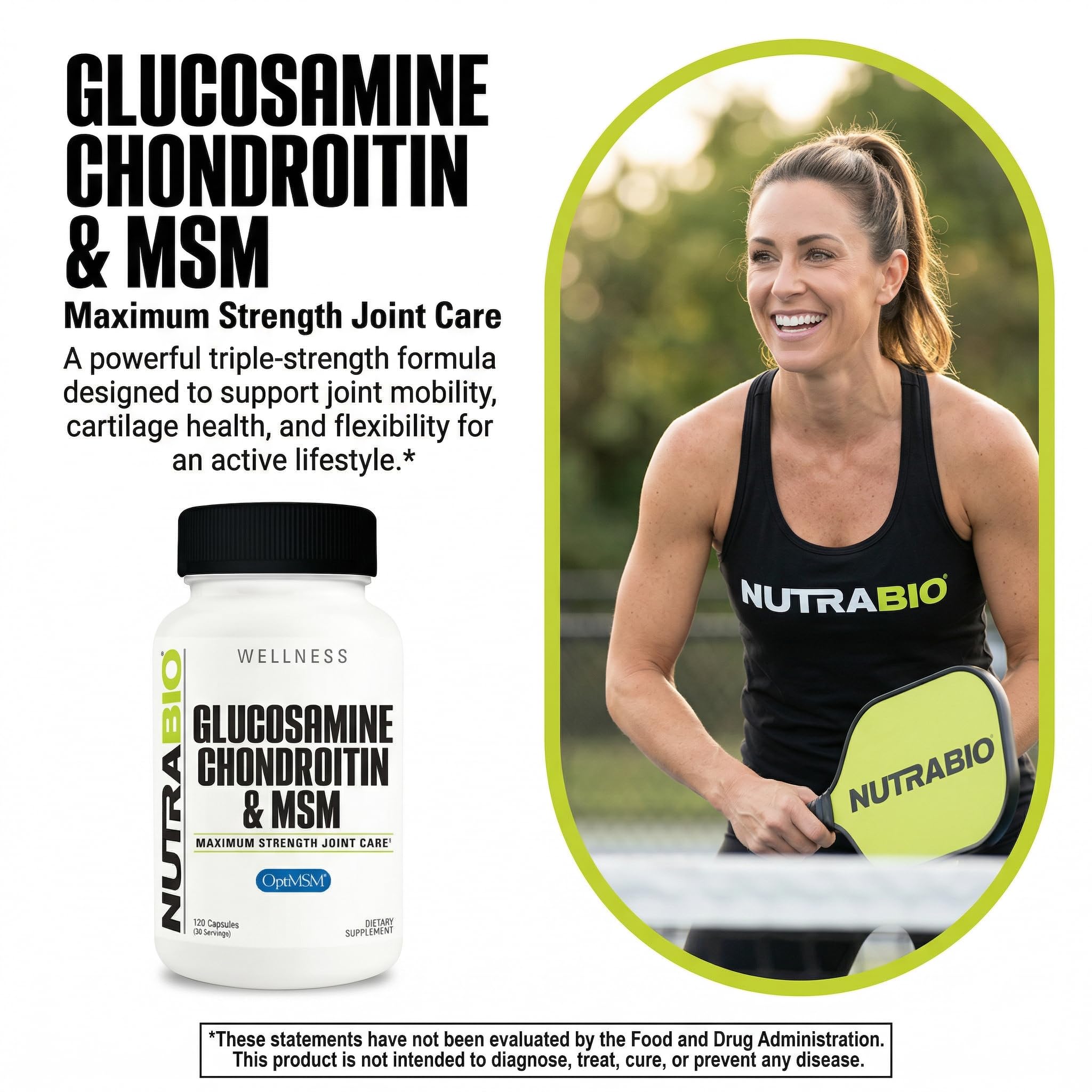 NutraBio Glucosamine Chondroitin MSM supplement back view with ingredients