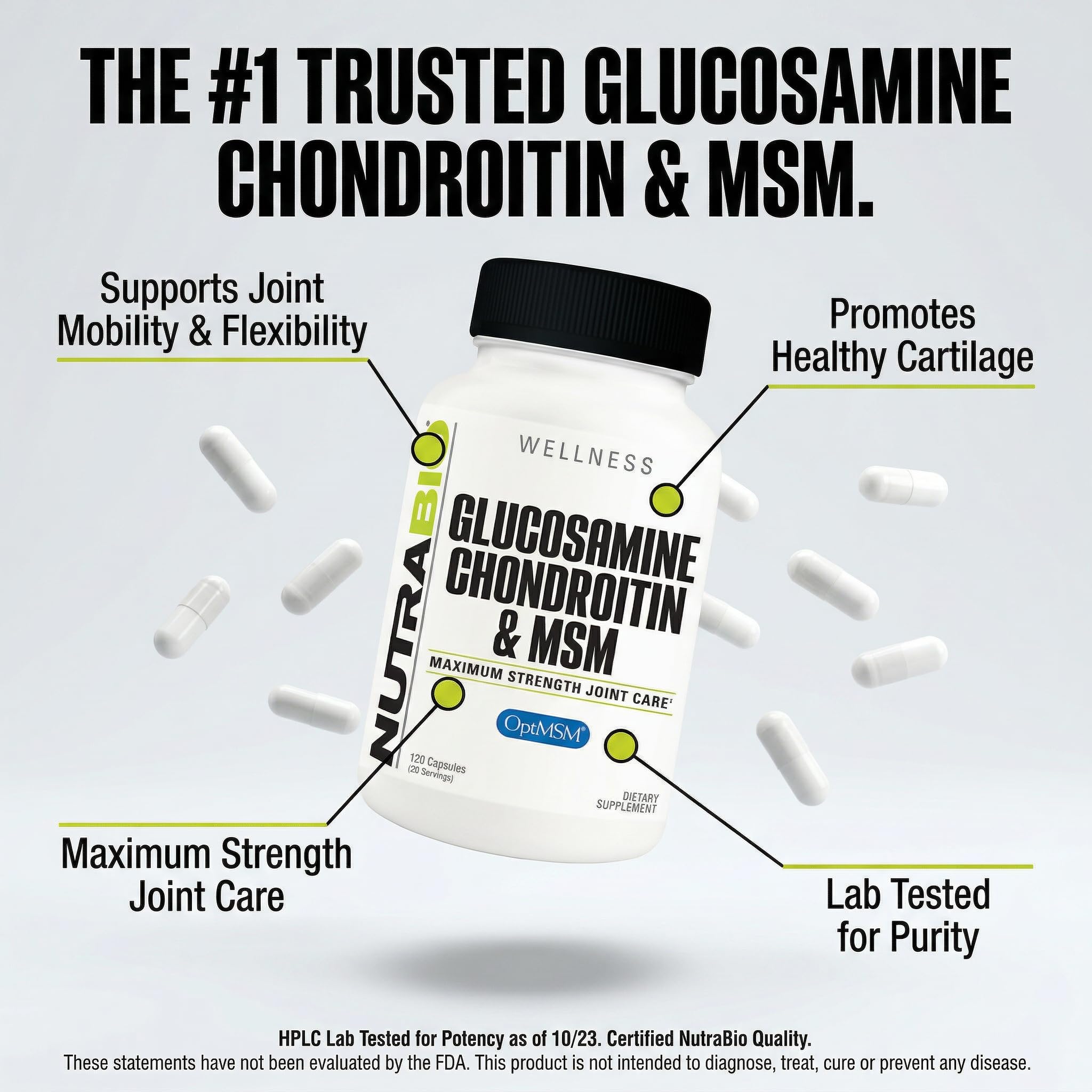NutraBio Glucosamine Chondroitin MSM supplement on a kitchen counter