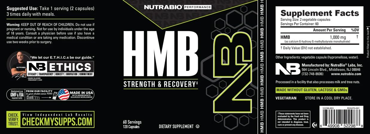 NutraBio HMB Supplement 104g displayed with training gear