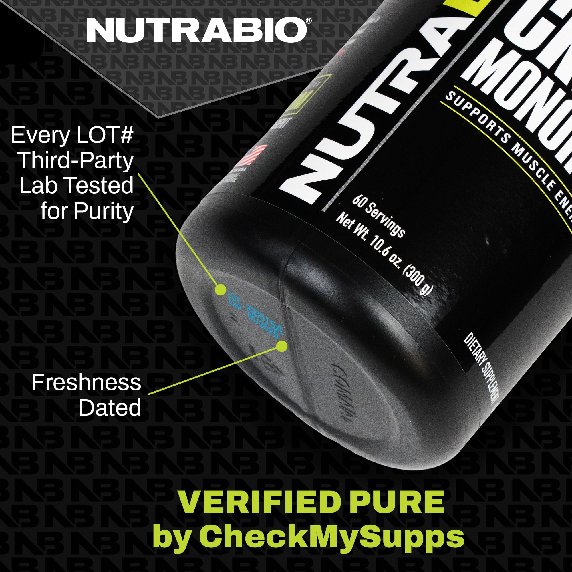NutraBio HMB Supplement 104g on a wooden table