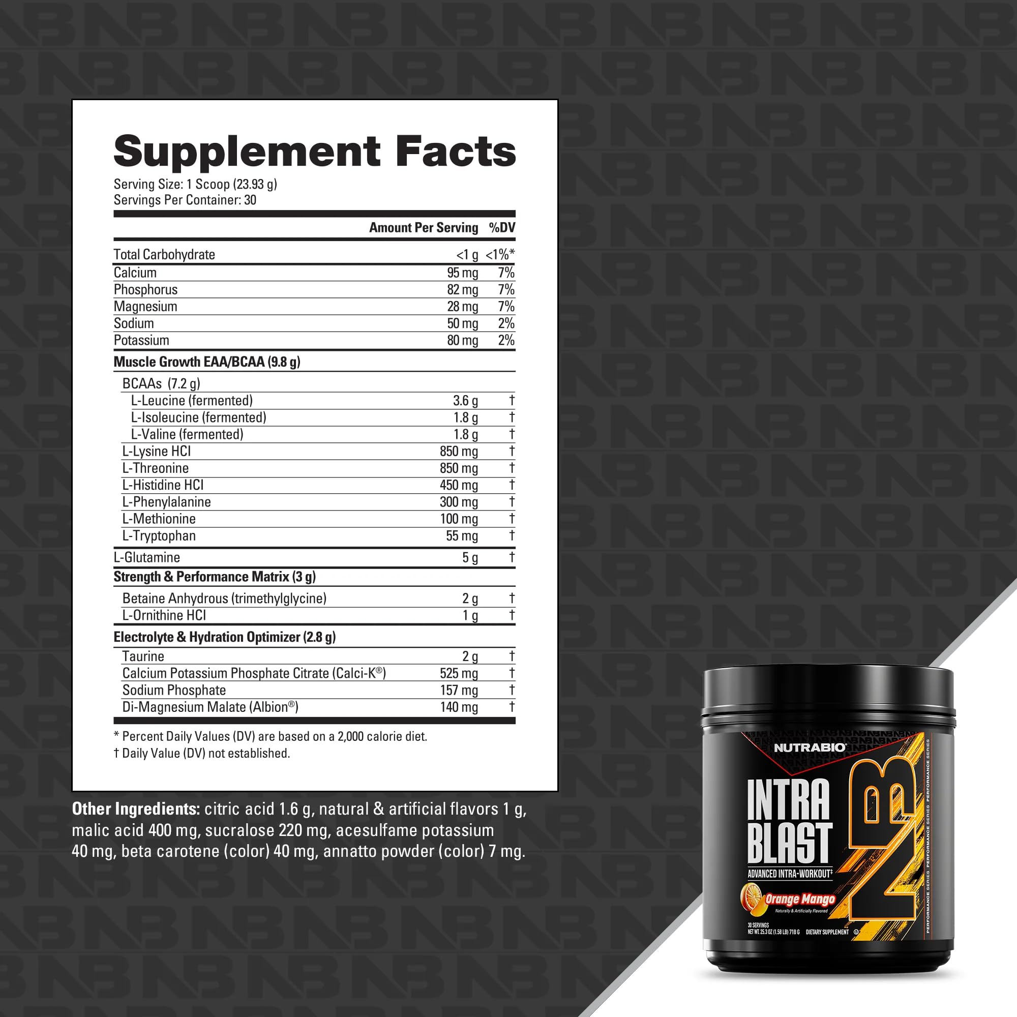 NutraBio Intra Blast BCAA Powder 718g with water and shaker bottle