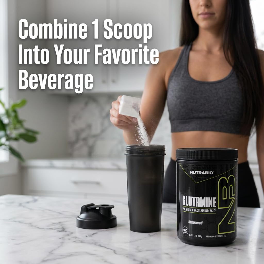 NutraBio L-Glutamine Powder in a glass of water