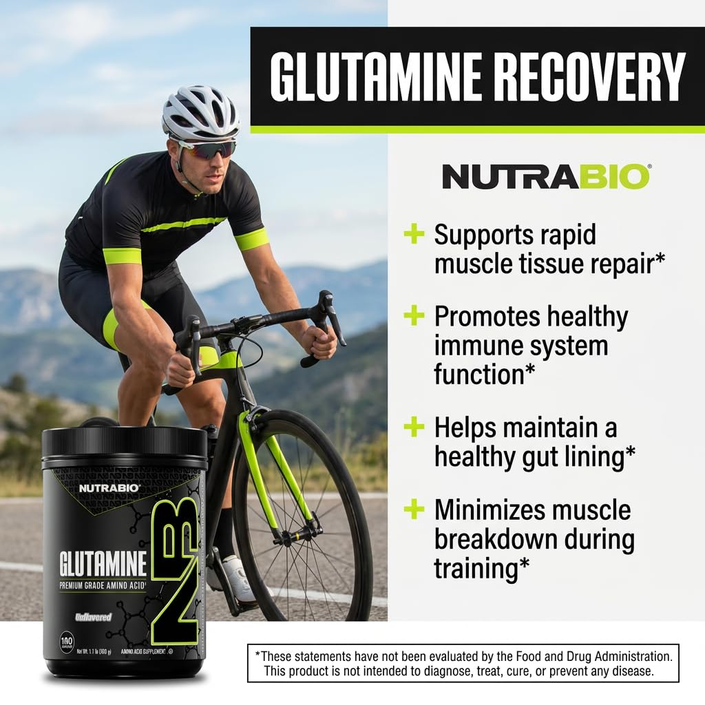 NutraBio L-Glutamine Powder with measuring scoop