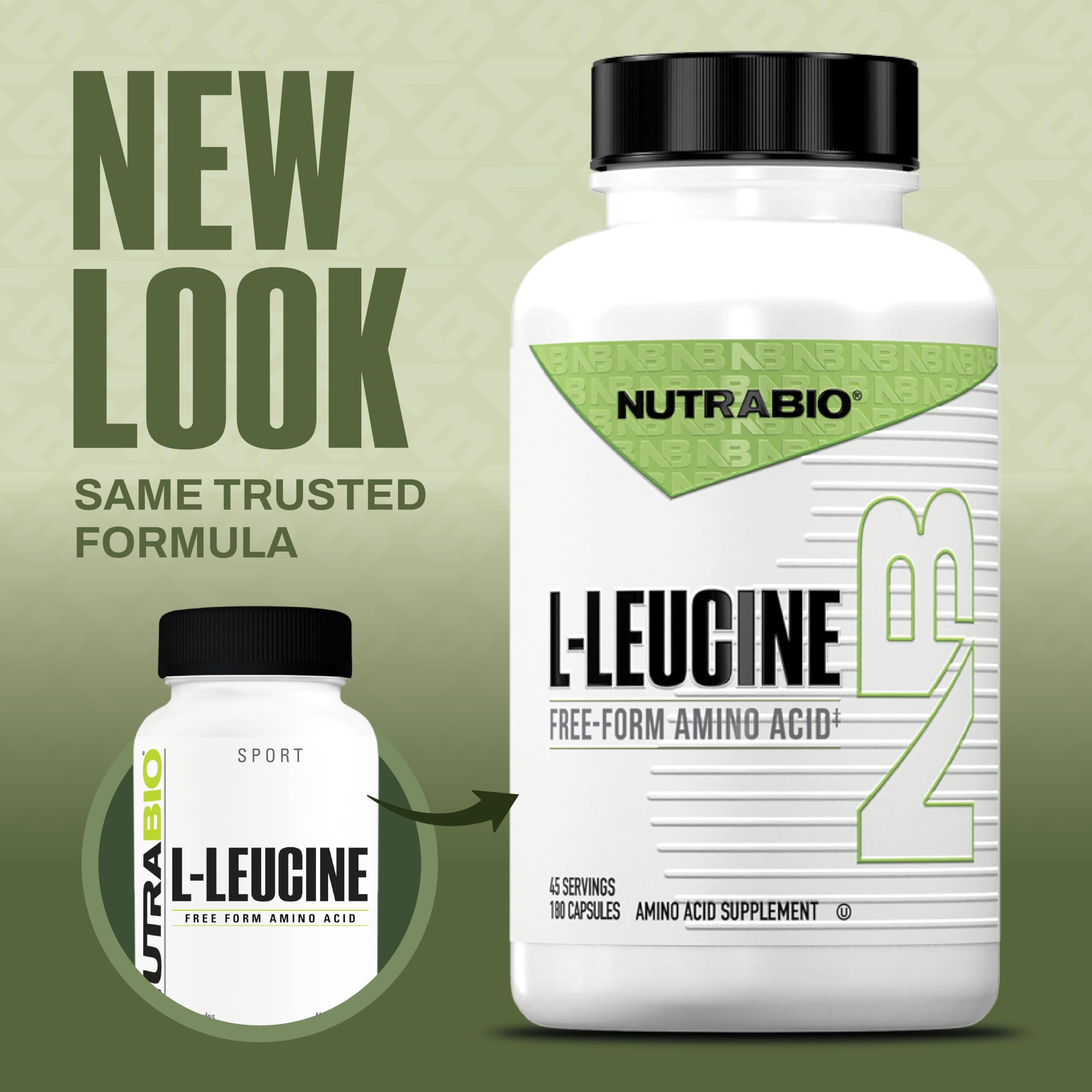 NutraBio L-Leucine Capsules displayed with fitness gear