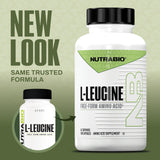 NutraBio L-Leucine Capsules displayed with fitness gear