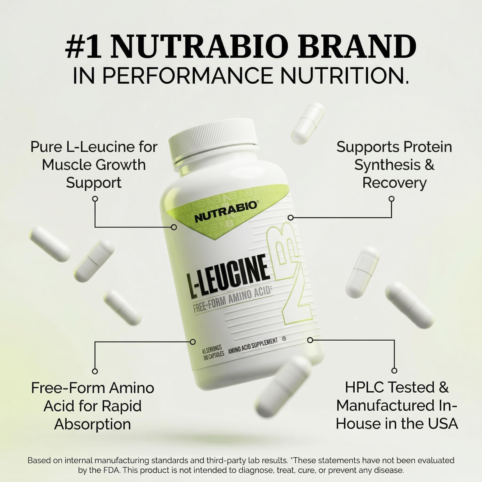 NutraBio L-Leucine Capsules with a measuring spoon