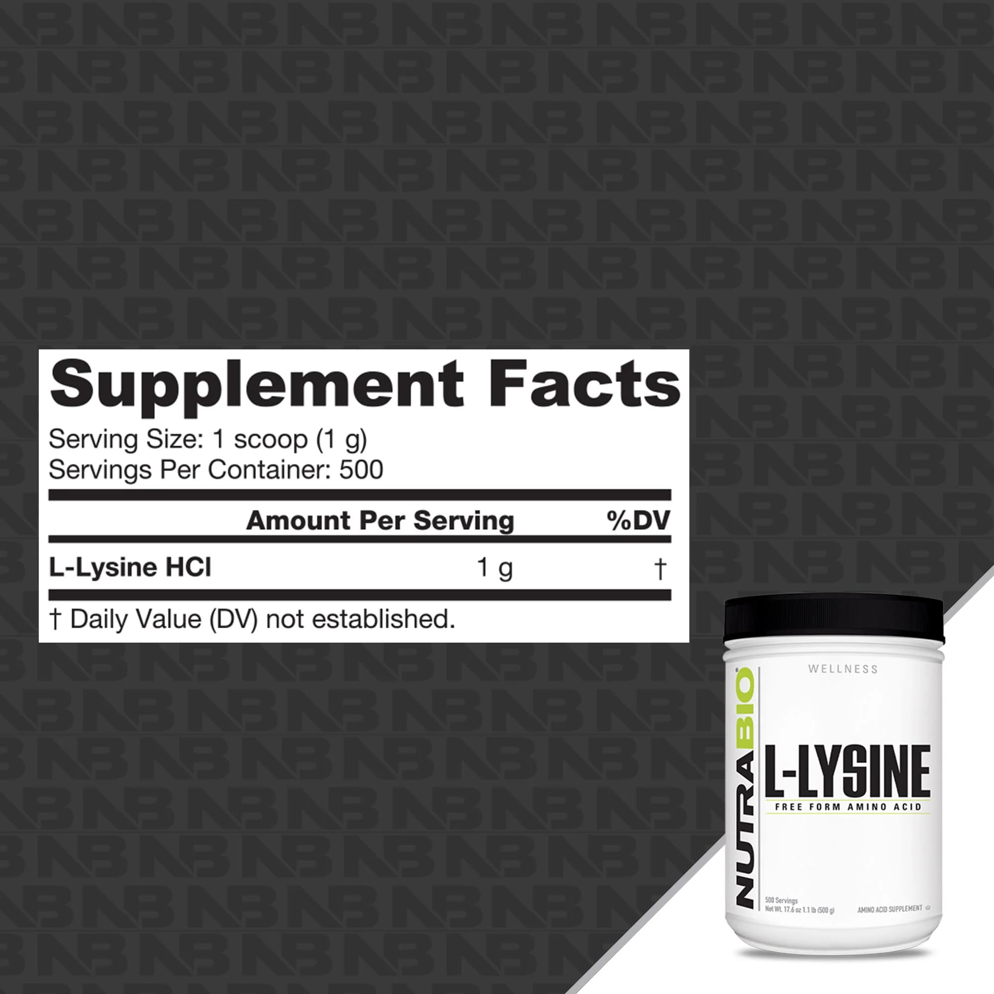 NutraBio L-Lysine 500g powder back view with nutritional information