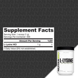 NutraBio L-Lysine 500g powder back view with nutritional information