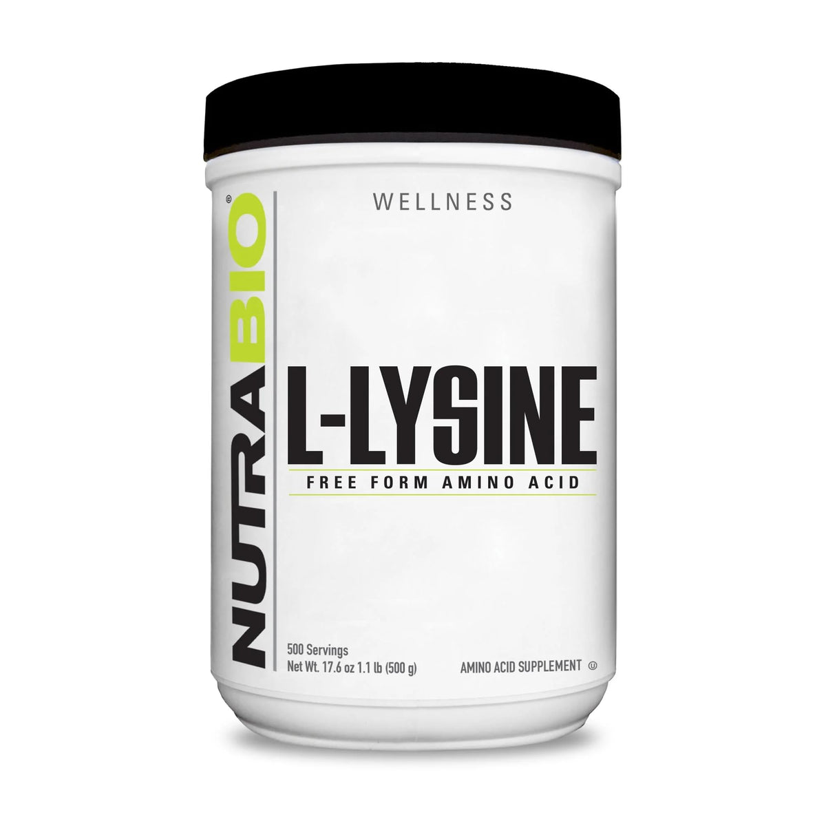 NutraBio L-Lysine 500g powder front view