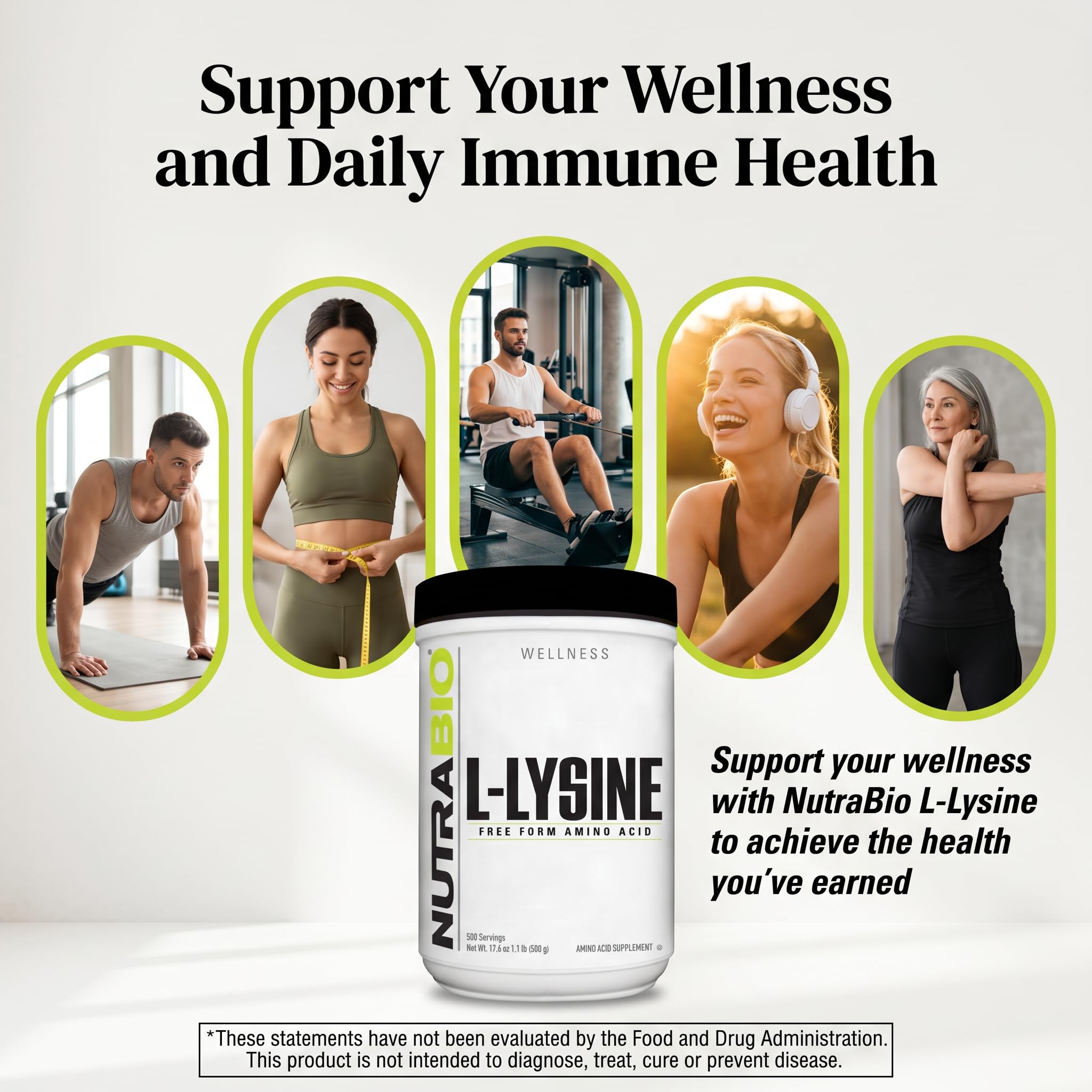 NutraBio L-Lysine 500g powder in a measuring scoop