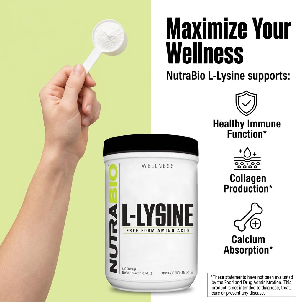 NutraBio L-Lysine 500g powder on a kitchen counter