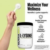 NutraBio L-Lysine 500g powder on a kitchen counter