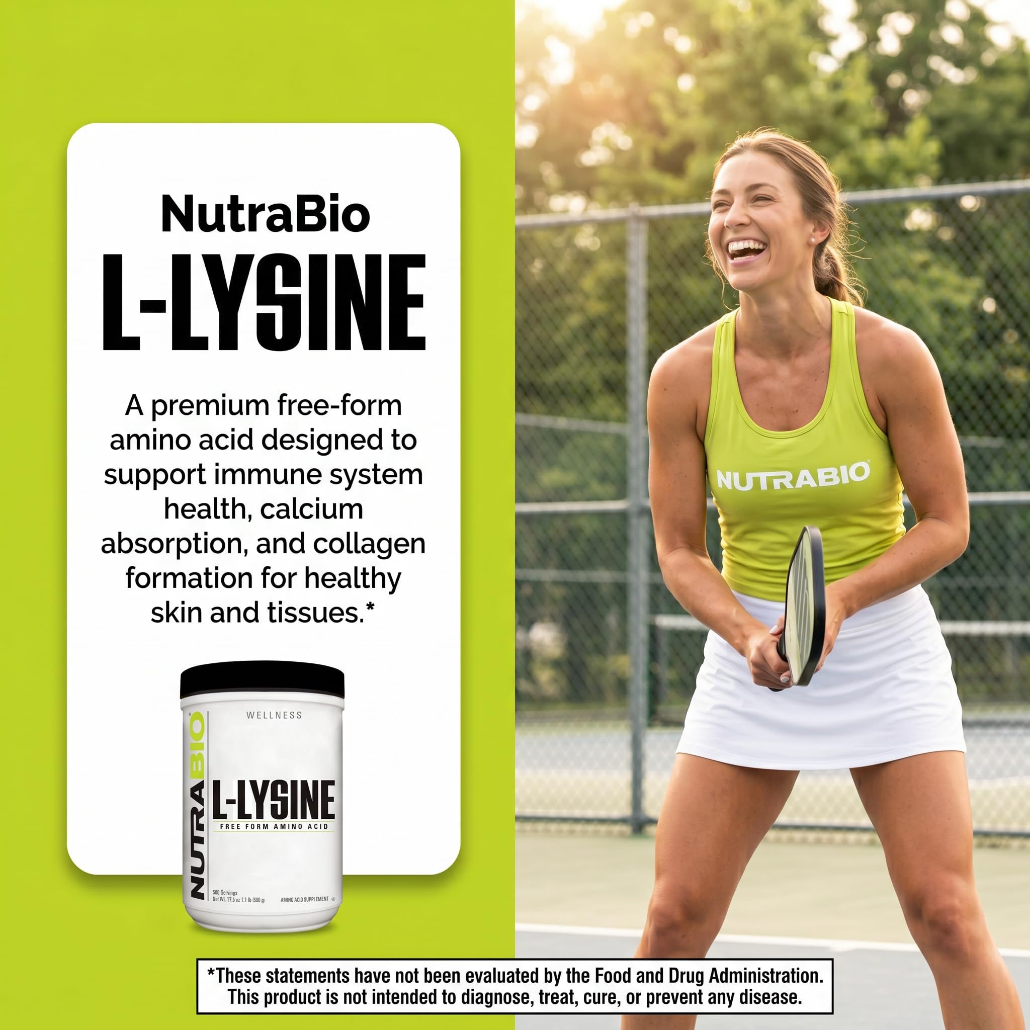 NutraBio L-Lysine 500g powder packaging