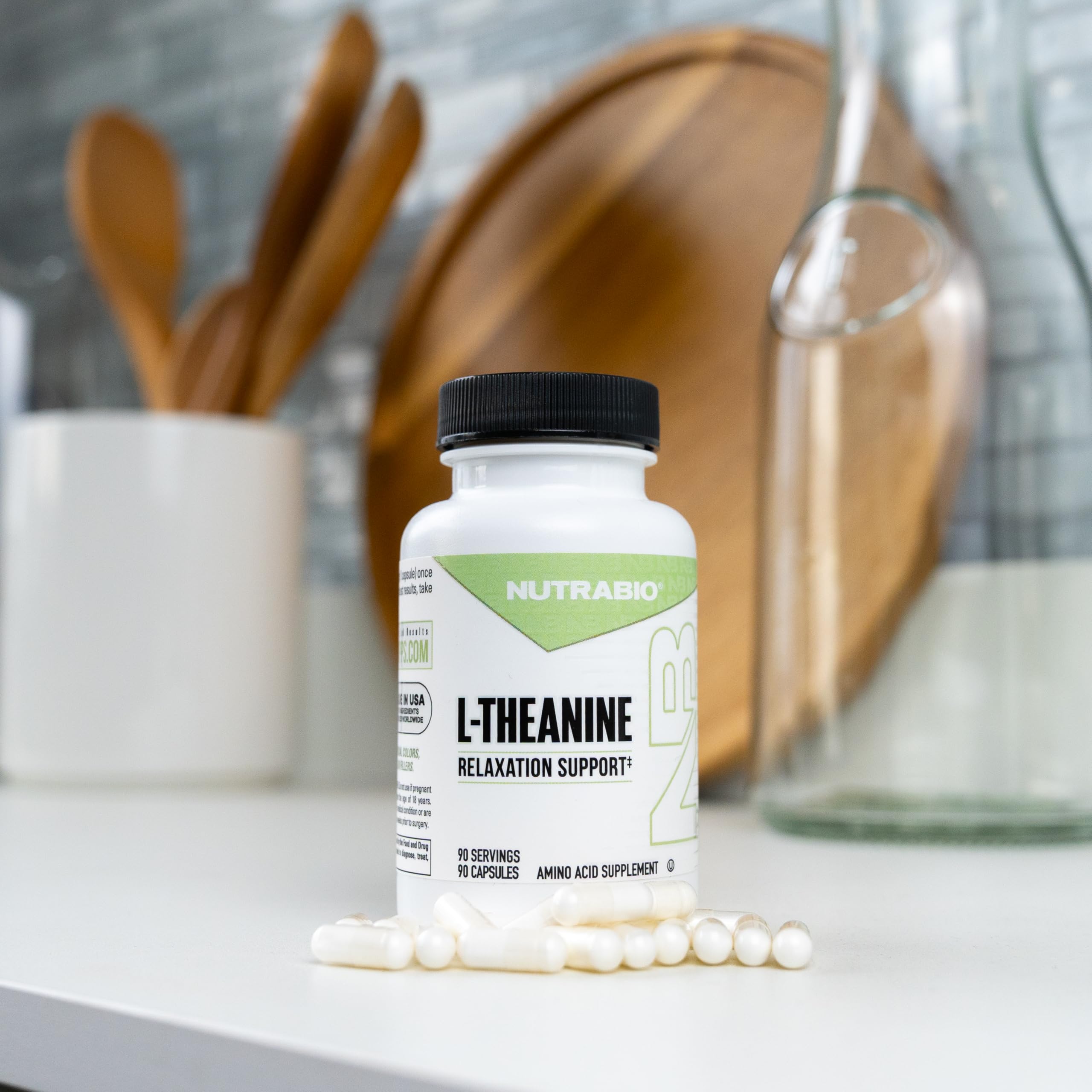 NutraBio L-Theanine capsules in packaging