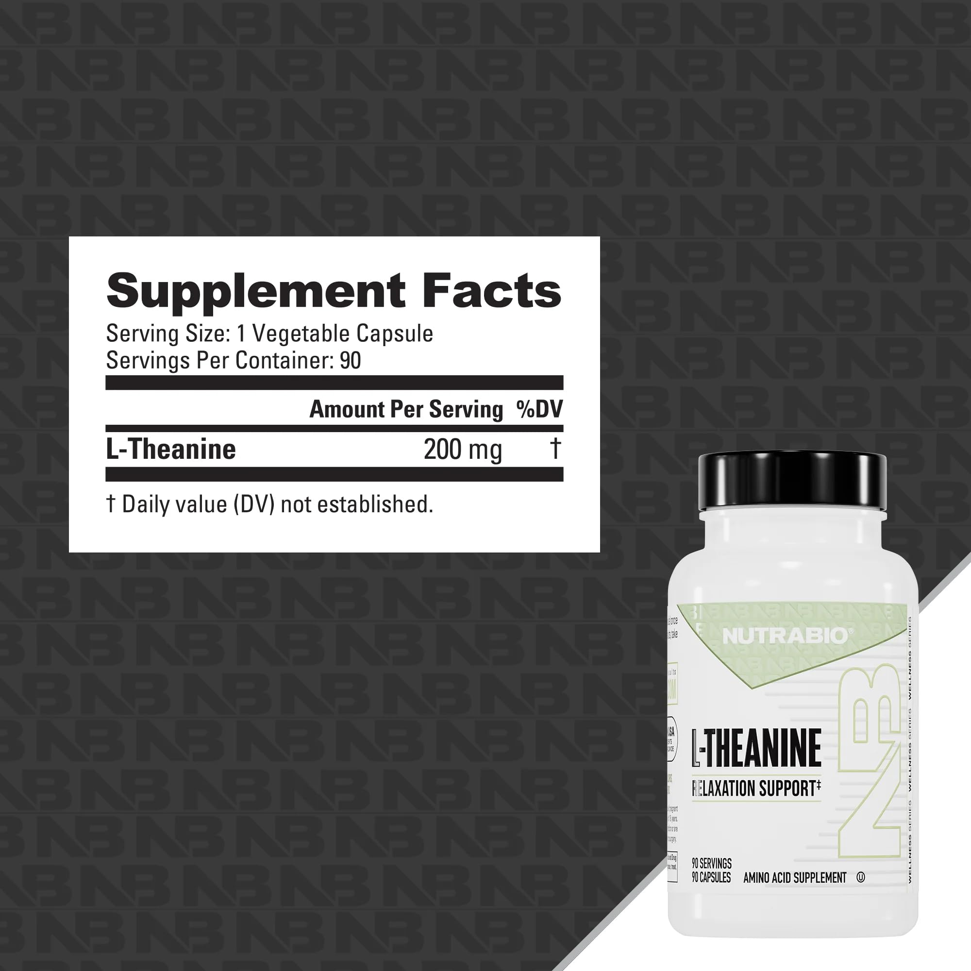 NutraBio L-Theanine capsules on a wooden table