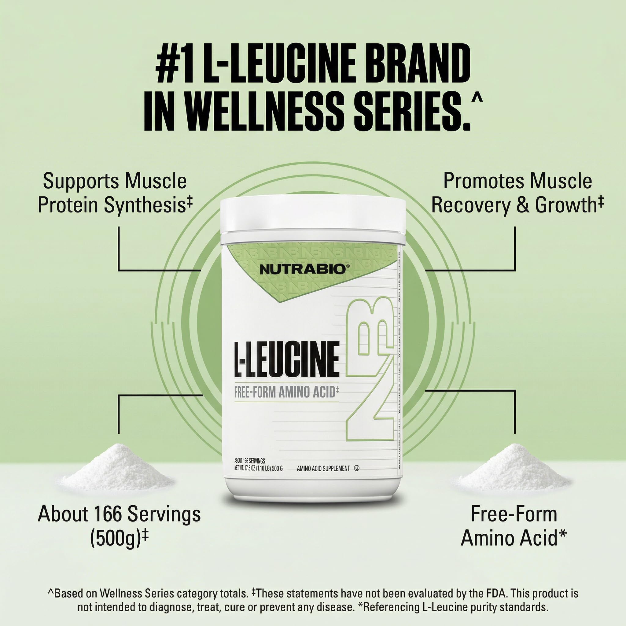 NutraBio Leucine 500g product details on table