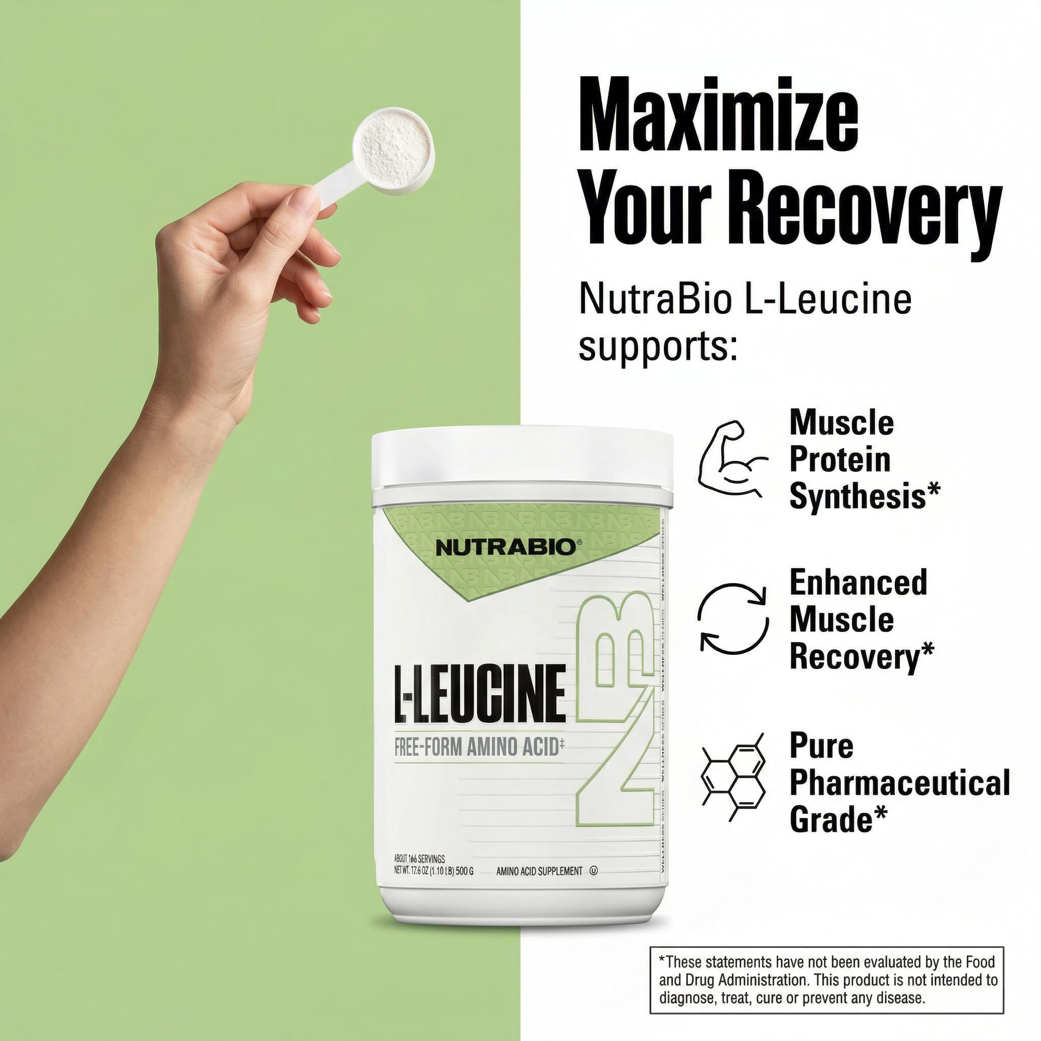 NutraBio Leucine 500g with measuring scoop