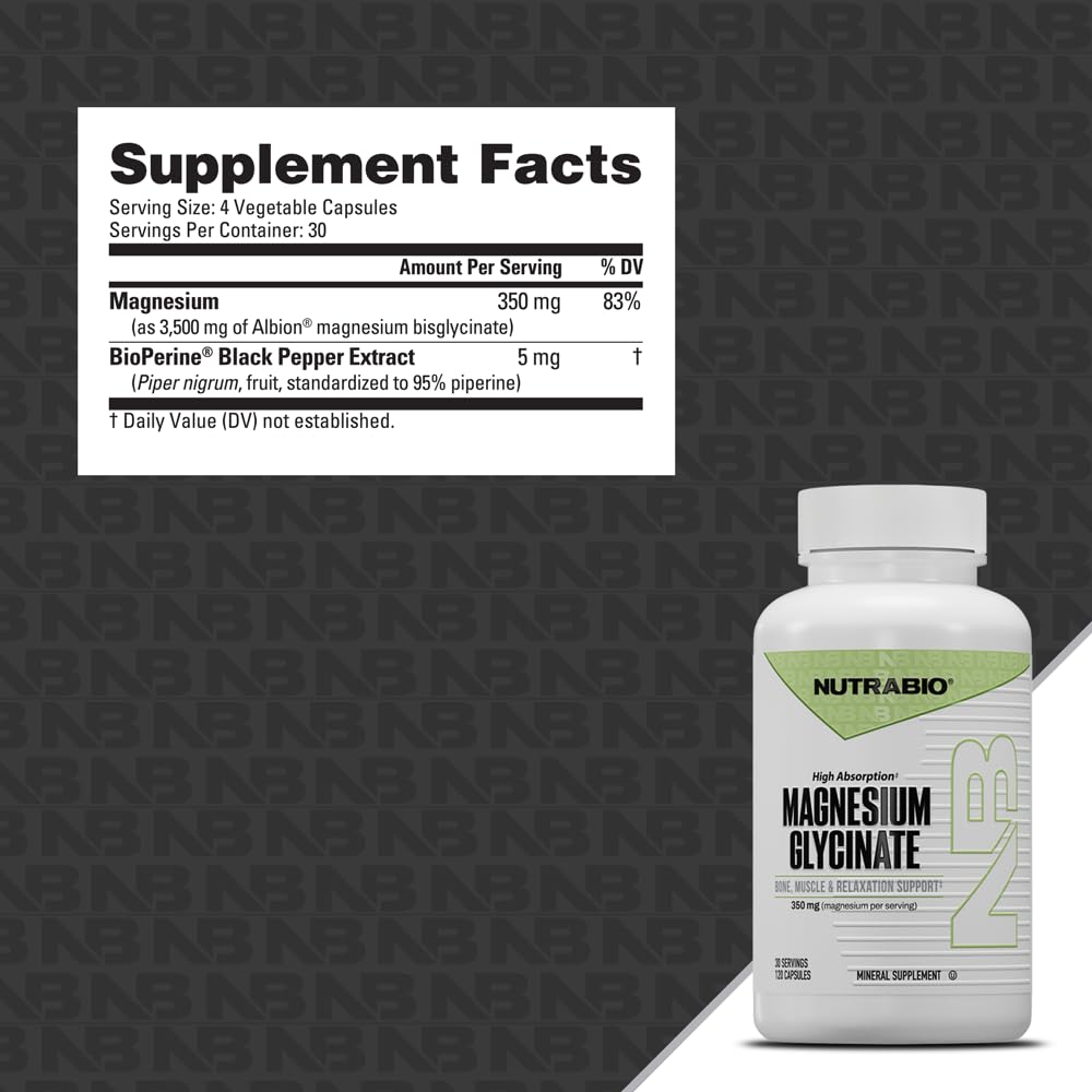 NutraBio Magnesium Glycinate 350mg capsules side view