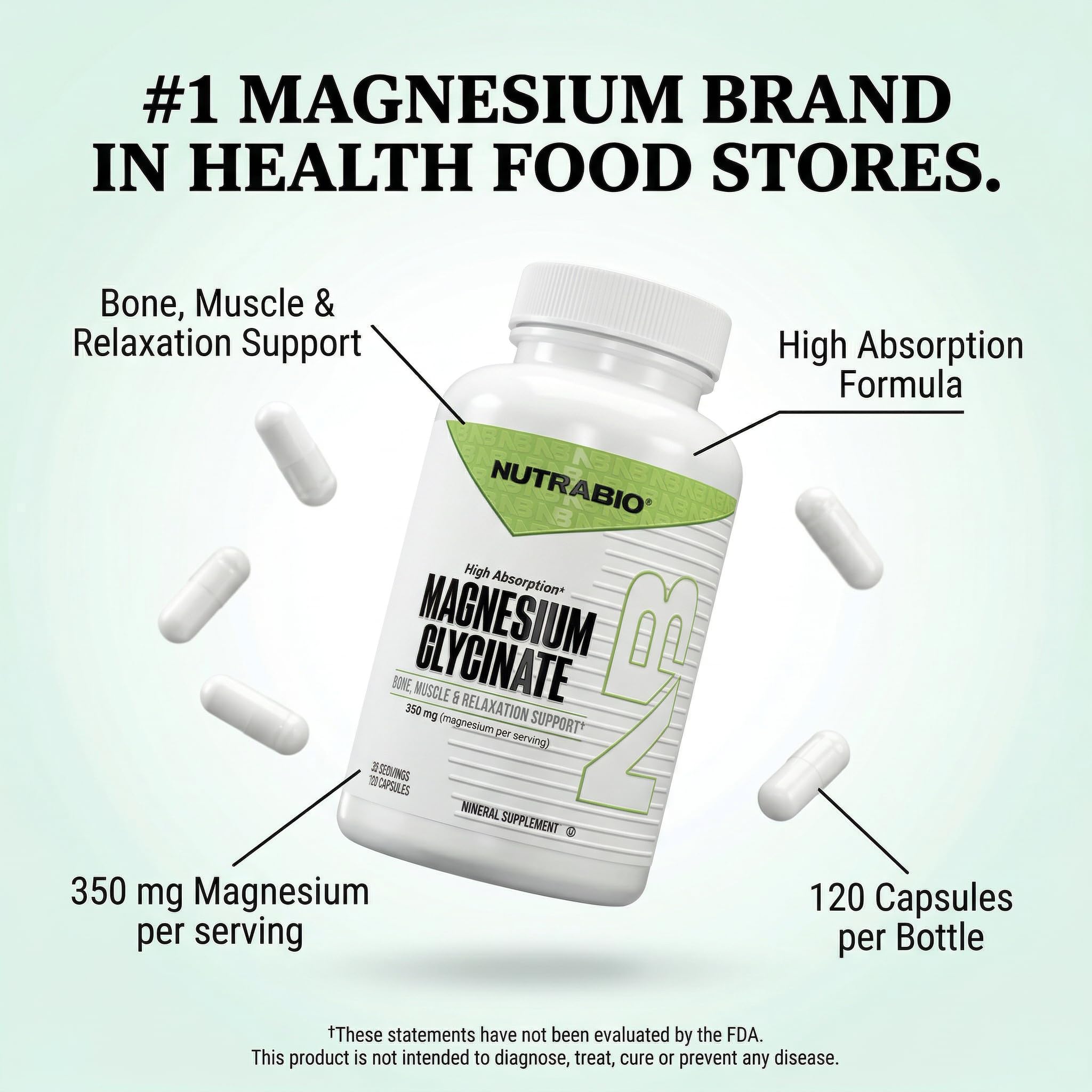 NutraBio Magnesium Glycinate 350mg capsules with measuring spoon