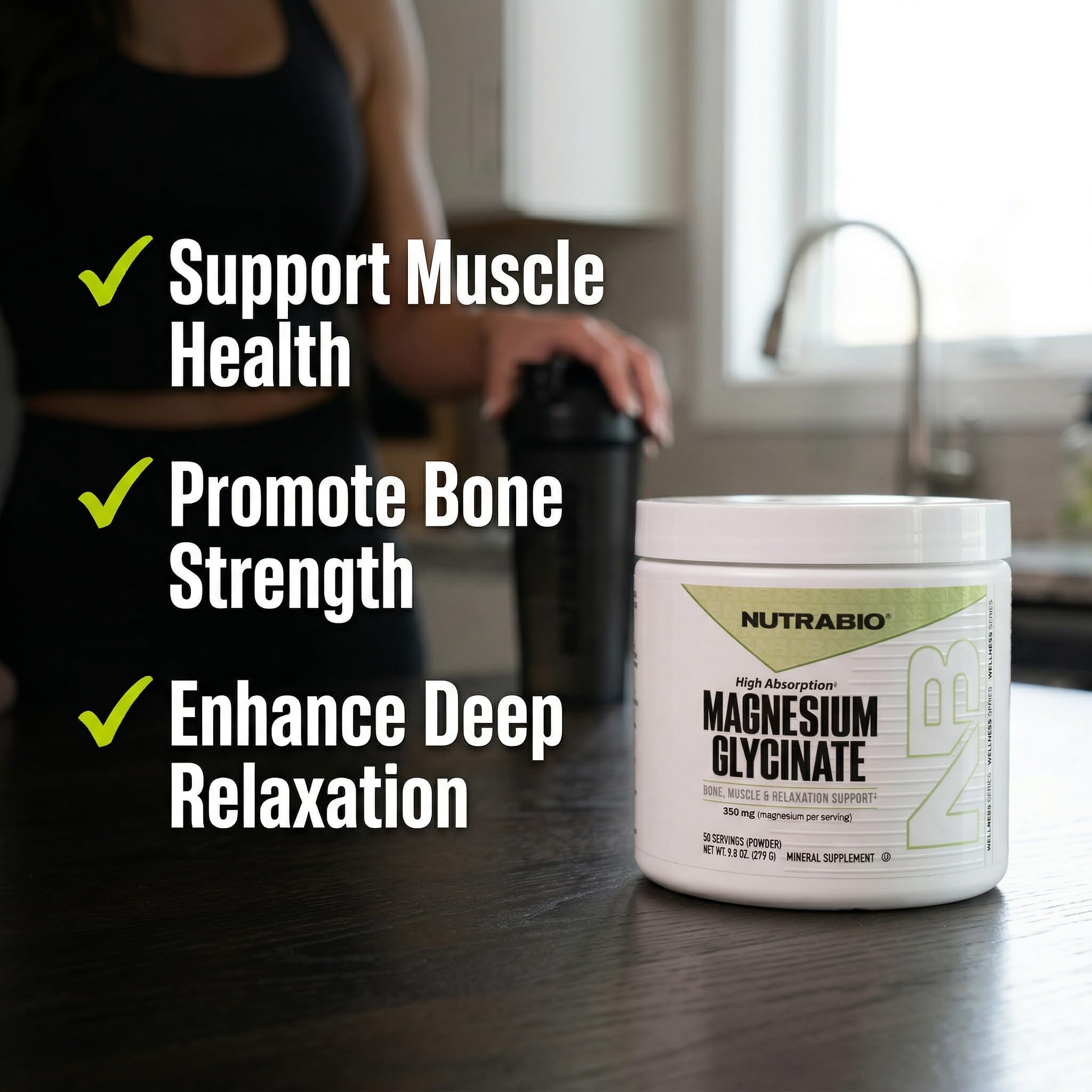 NutraBio Magnesium Glycinate Powder 345g scoop and powder