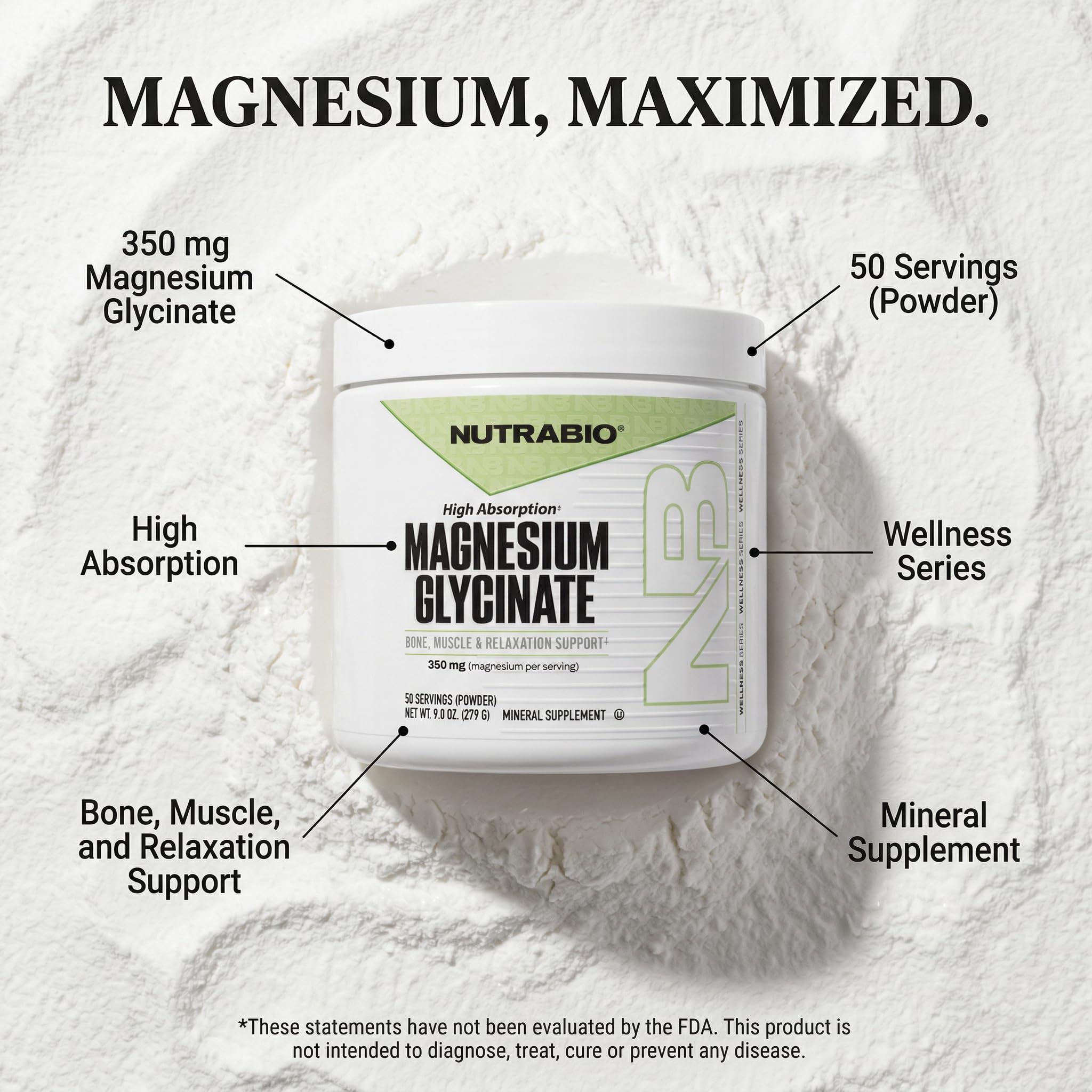 NutraBio Magnesium Glycinate Powder 345g side view