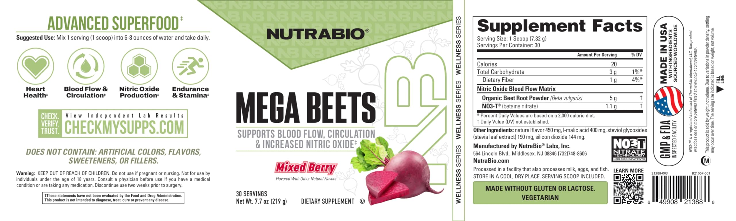 NutraBio Mega Beet Root Powder 280g ingredients list