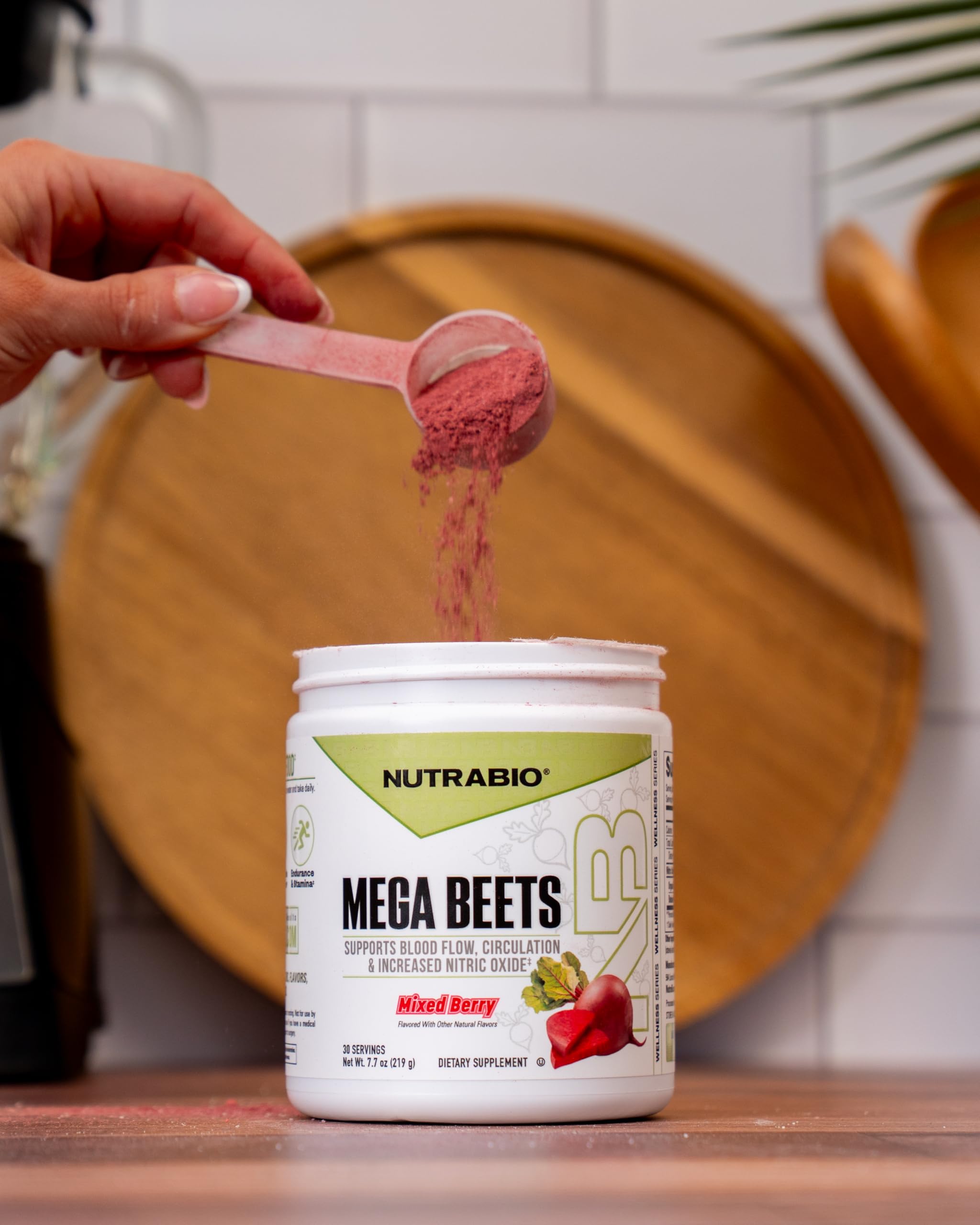 NutraBio Mega Beet Root Powder 280g scoop