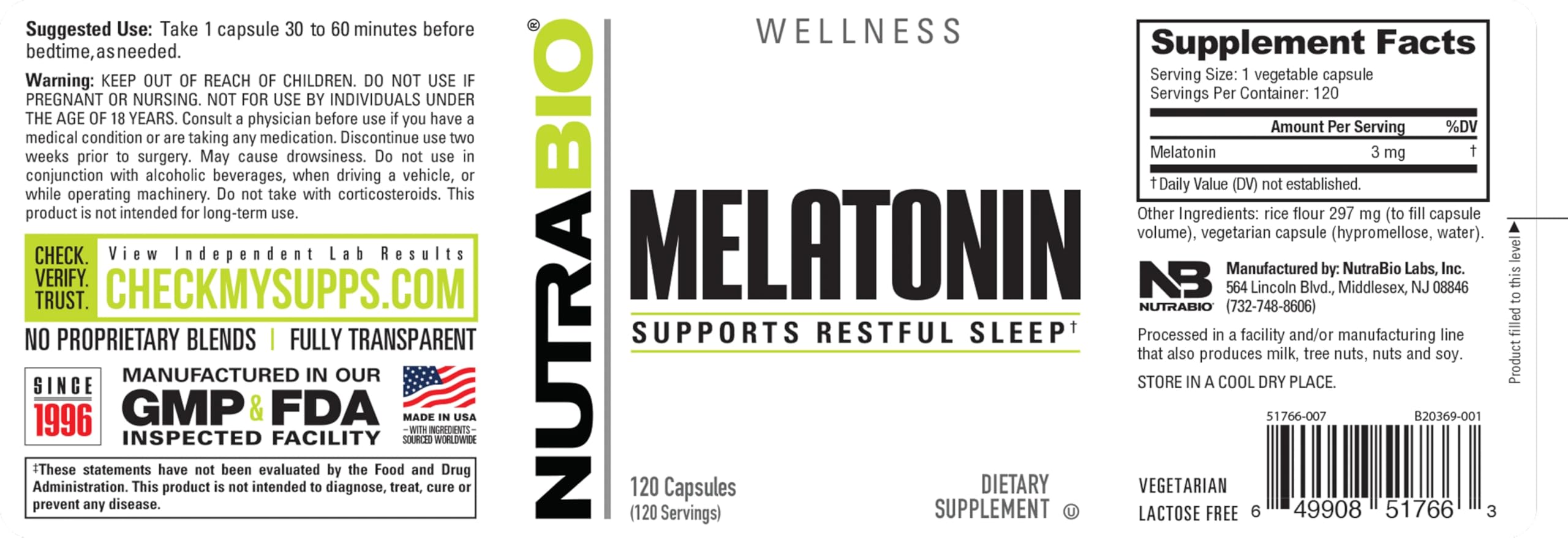 NutraBio Melatonin Sleep Aid 3mg capsules close-up