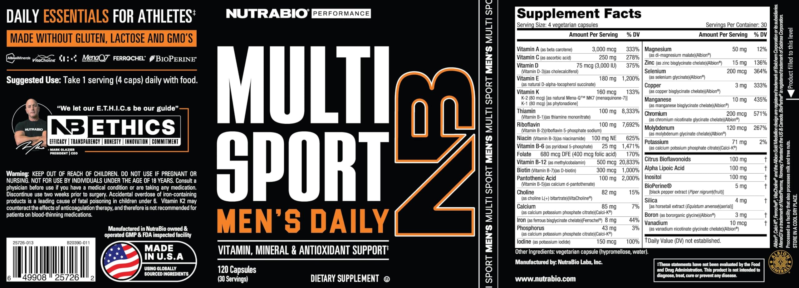 NutraBio MultiSport Multivitamin 150g back view