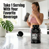 NutraBio MultiSport Multivitamin 60g displayed with fitness gear