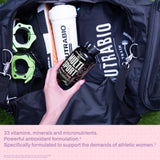 NutraBio MultiSport Multivitamin 60g on a wooden table