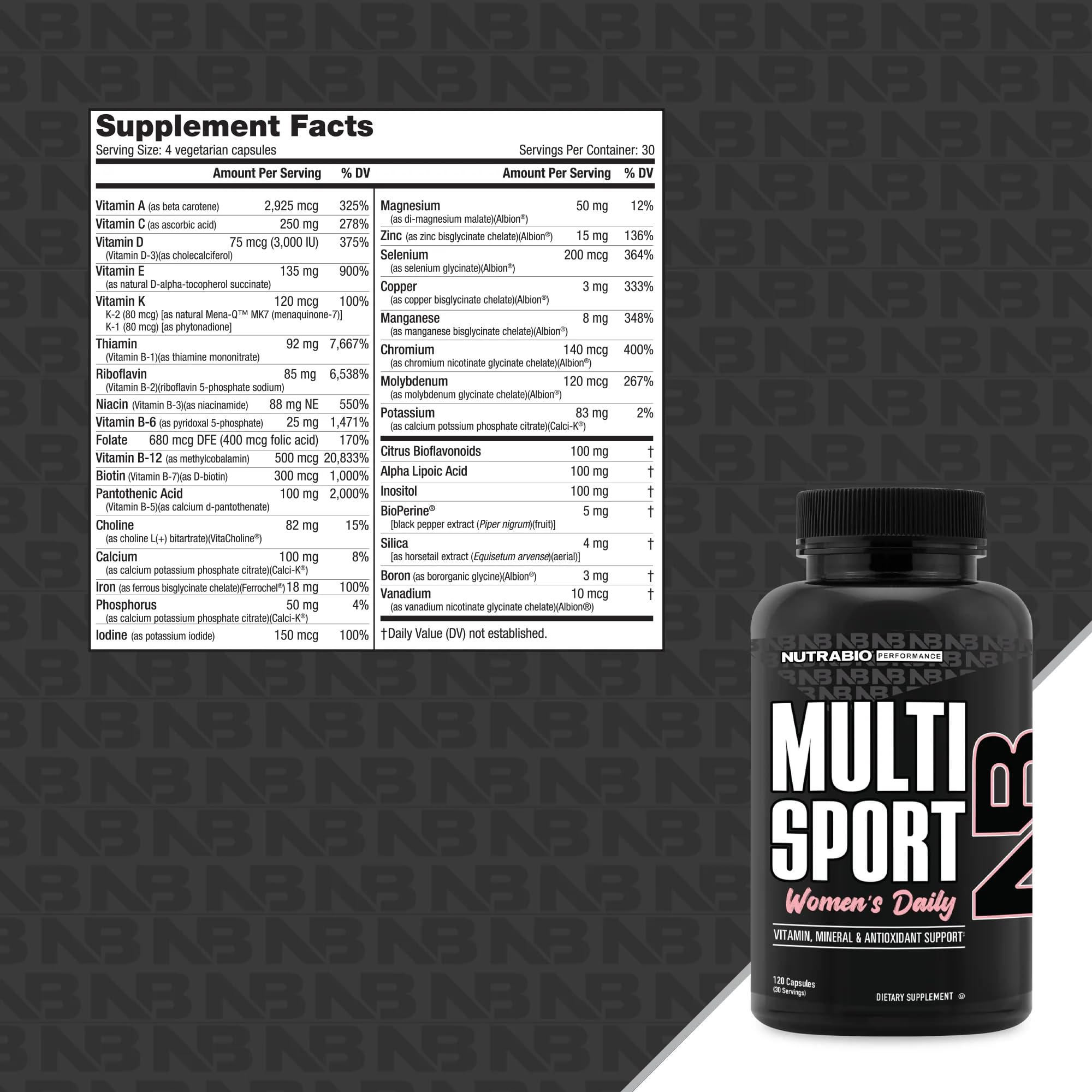 NutraBio MultiSport Multivitamin 60g side view