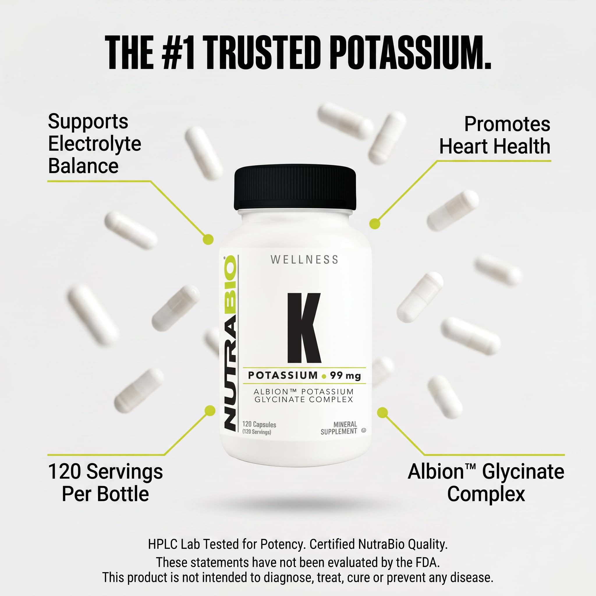 NutraBio Potassium Supplement 99mg 60 Capsules on a wooden table
