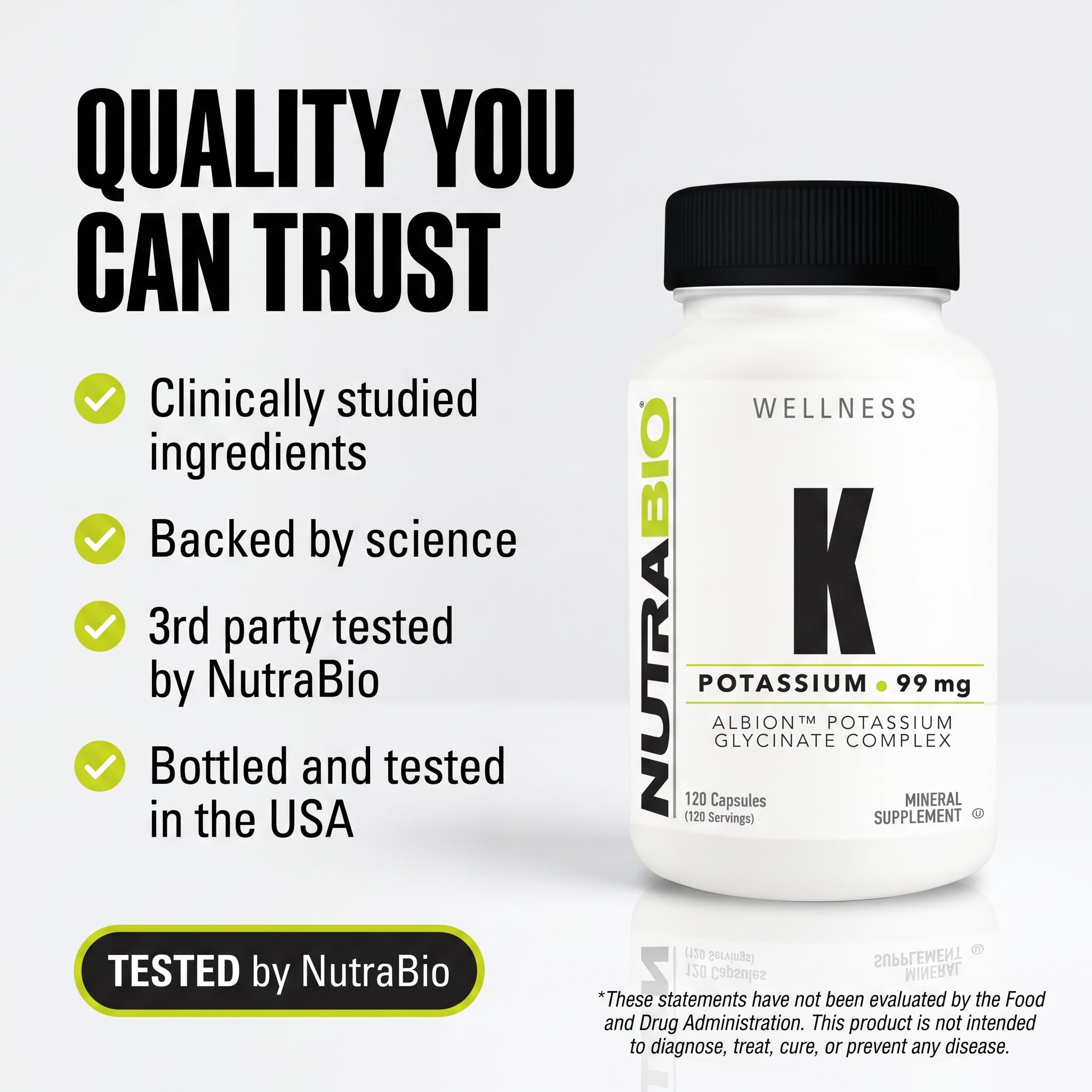 NutraBio Potassium Supplement 99mg 60 Capsules with a glass of water