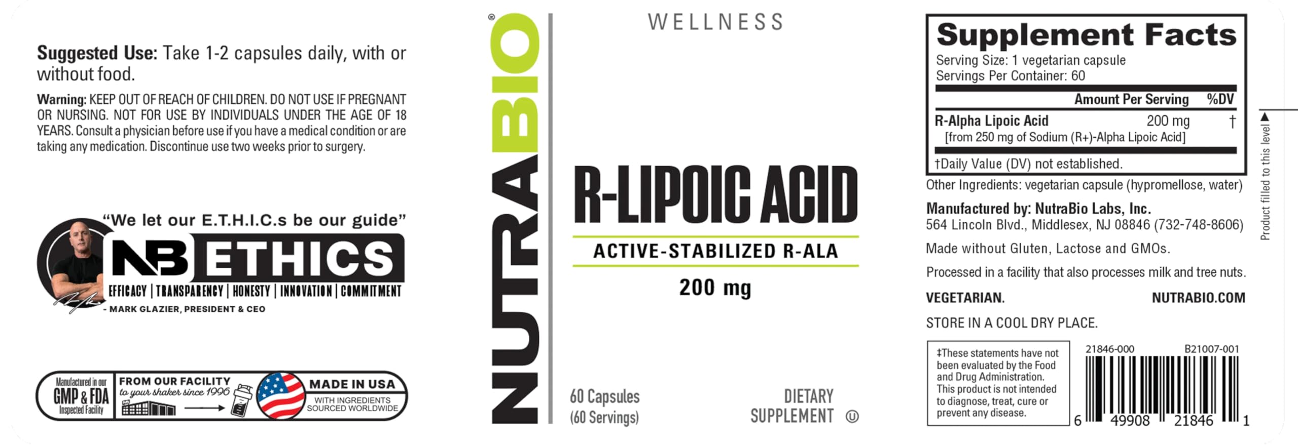 NutraBio R-Alpha Lipoic Acid 200mg supplement bottle with label