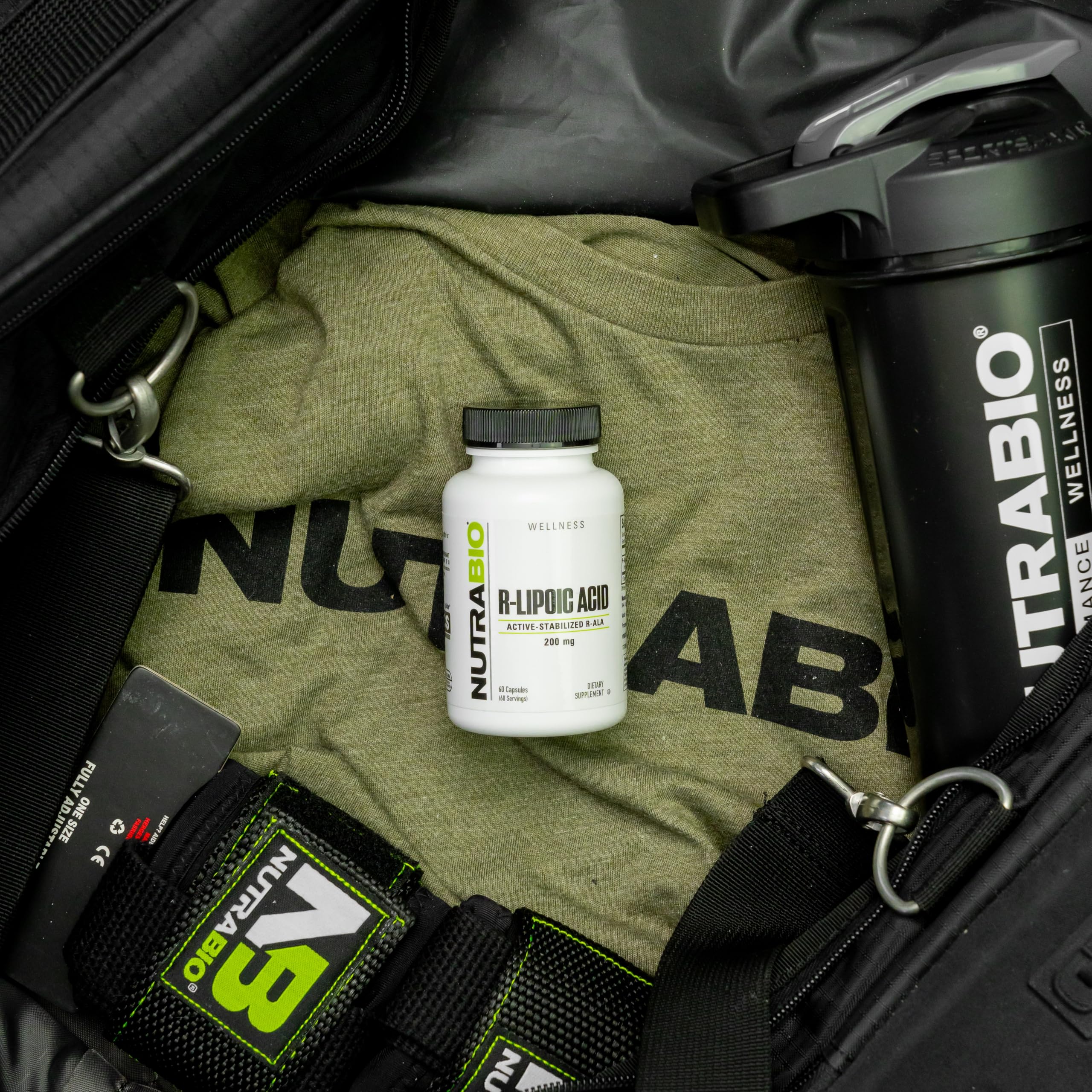 NutraBio R-Alpha Lipoic Acid 200mg supplement capsules on a surface