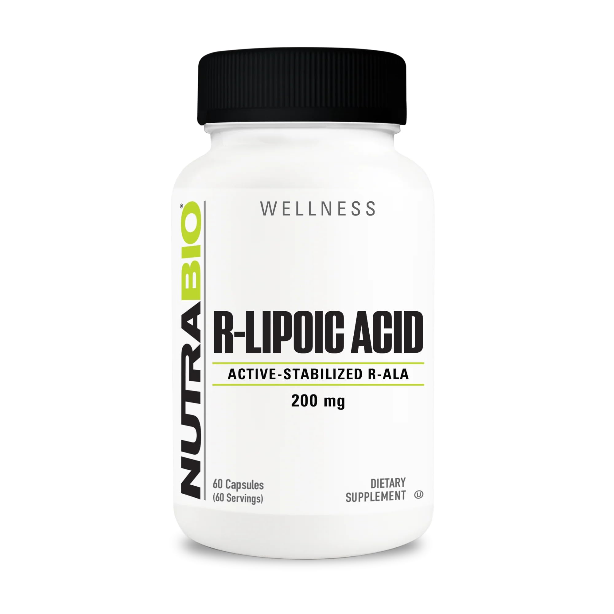 NutraBio R-Alpha Lipoic Acid 200mg supplement front view