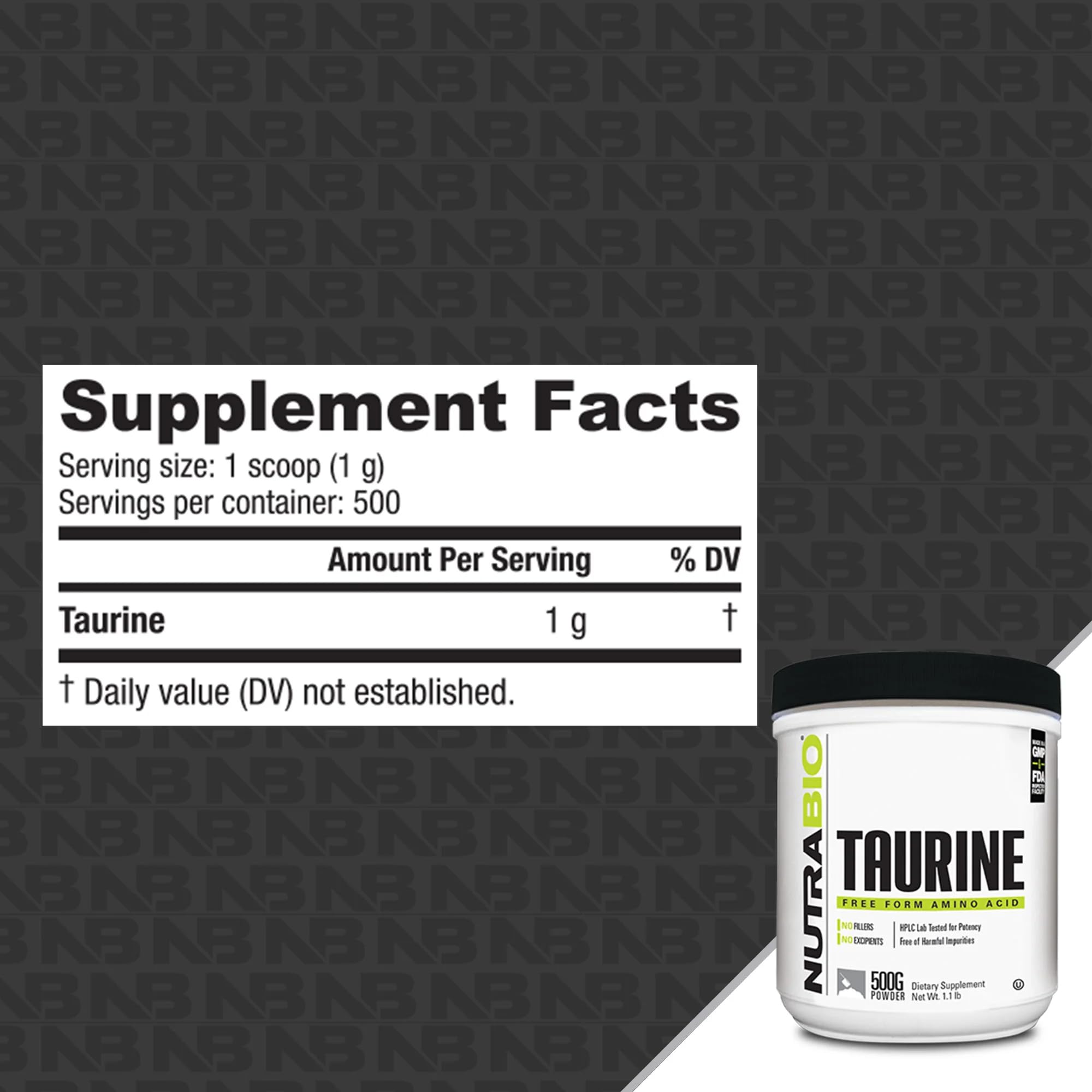 NutraBio Taurine Powder 500g back view with nutritional information