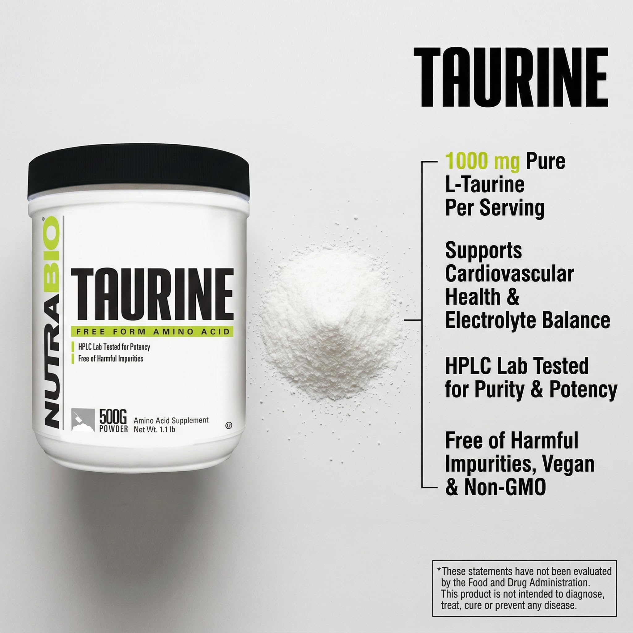 NutraBio Taurine Powder 500g label close-up