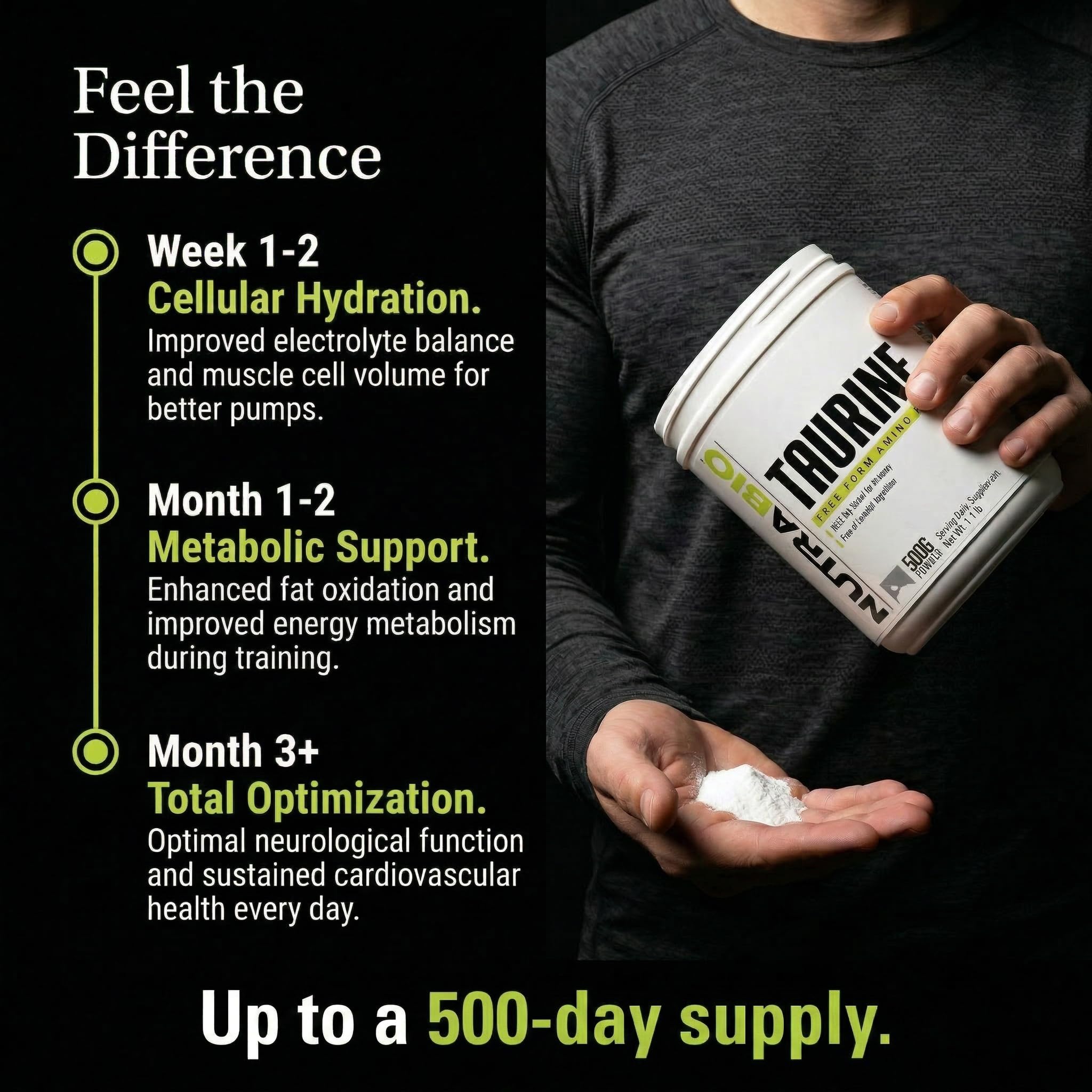 NutraBio Taurine Powder 500g scoop for serving size