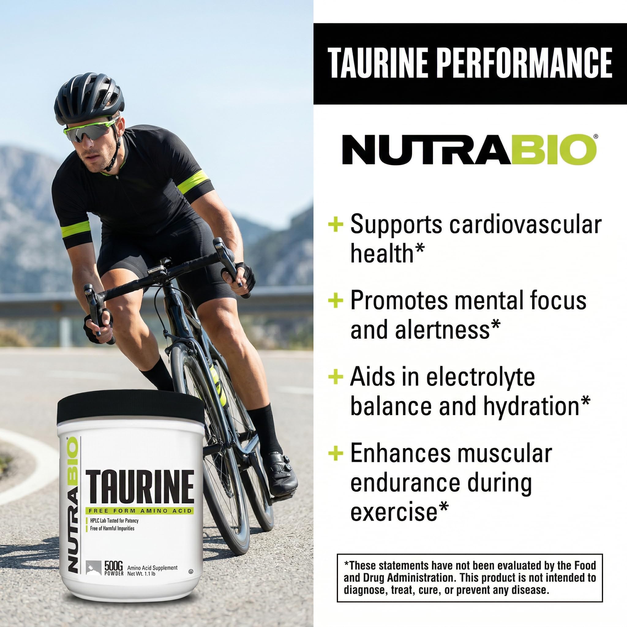 NutraBio Taurine Powder 500g side view showing packaging