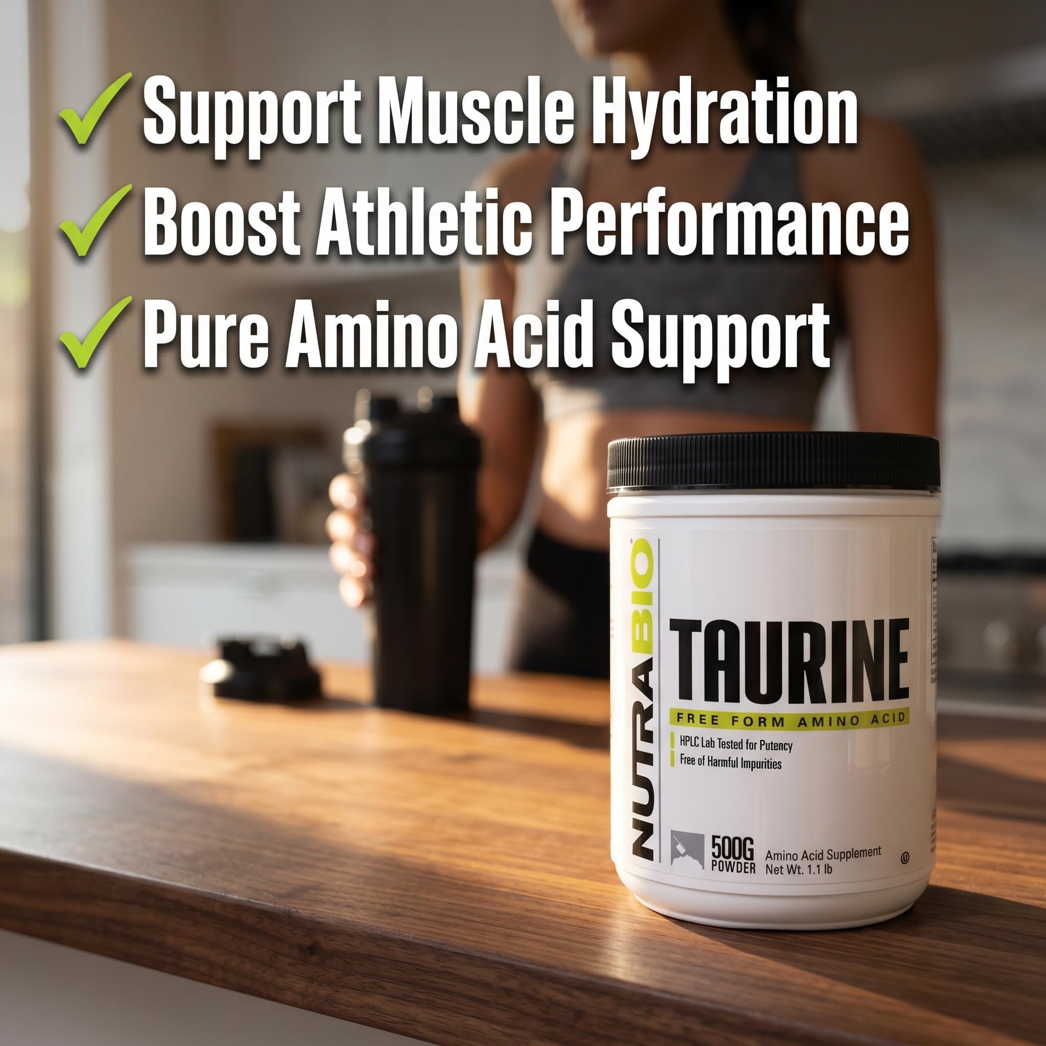 NutraBio Taurine Powder 500g with measuring spoon